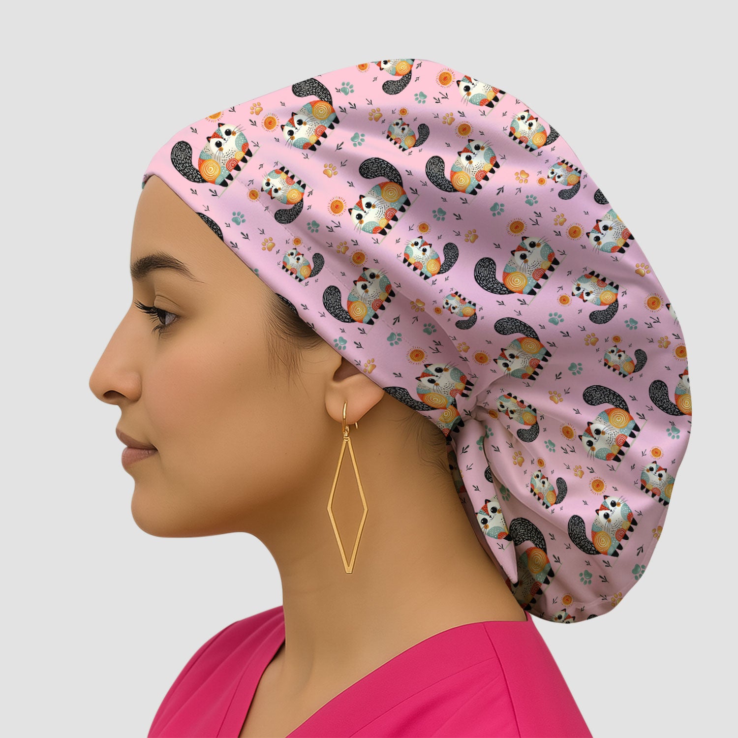 Playful Cat Illustration Scrub Cap, Bouffant Scrub Caps for Women