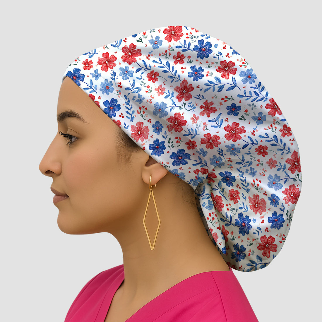 Patriotic Red White Blue Floral Print Scrub Cap, Surgical Caps for Doctors