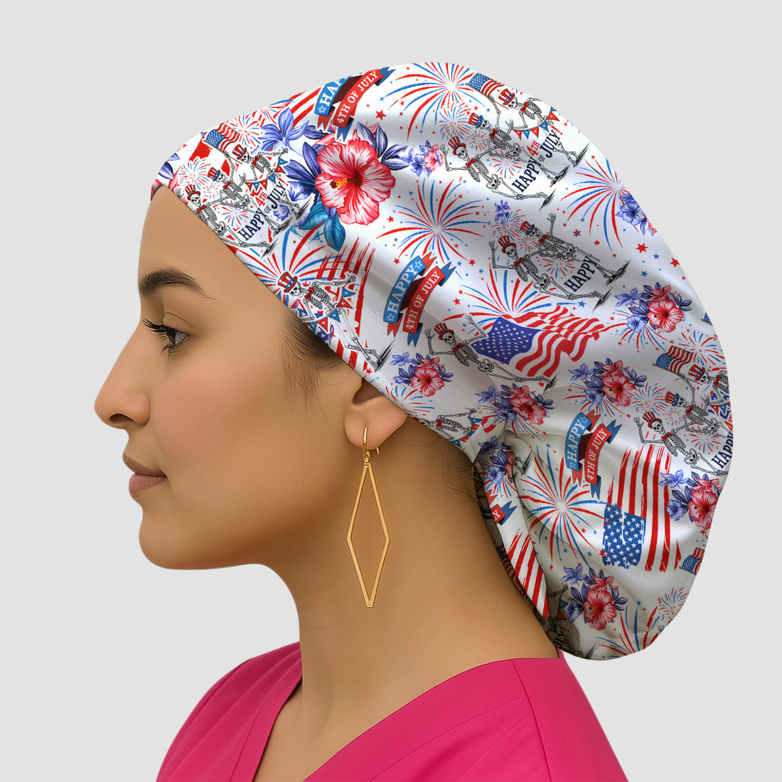 Funny 4th Of July Skeleton Nurse for RN & CNA, Patriotic Fireworks Medical Uniform Scrub Cap, Surgical Caps for Doctors