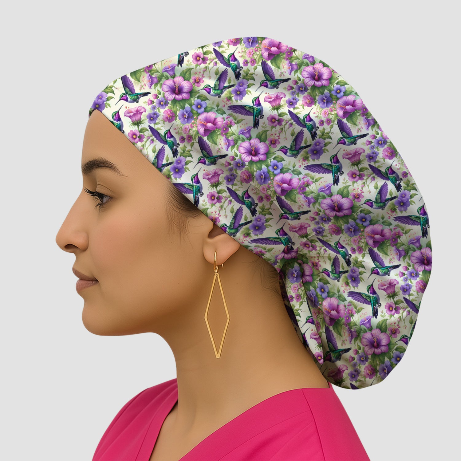 Purple Hummingbird Hibiscus Floral Pattern Scrub Cap, Surgical Caps for Doctors