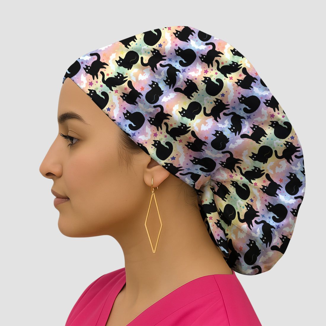 Pastel Star Black Cat Pattern Scrub Cap, Surgical Caps for Doctors