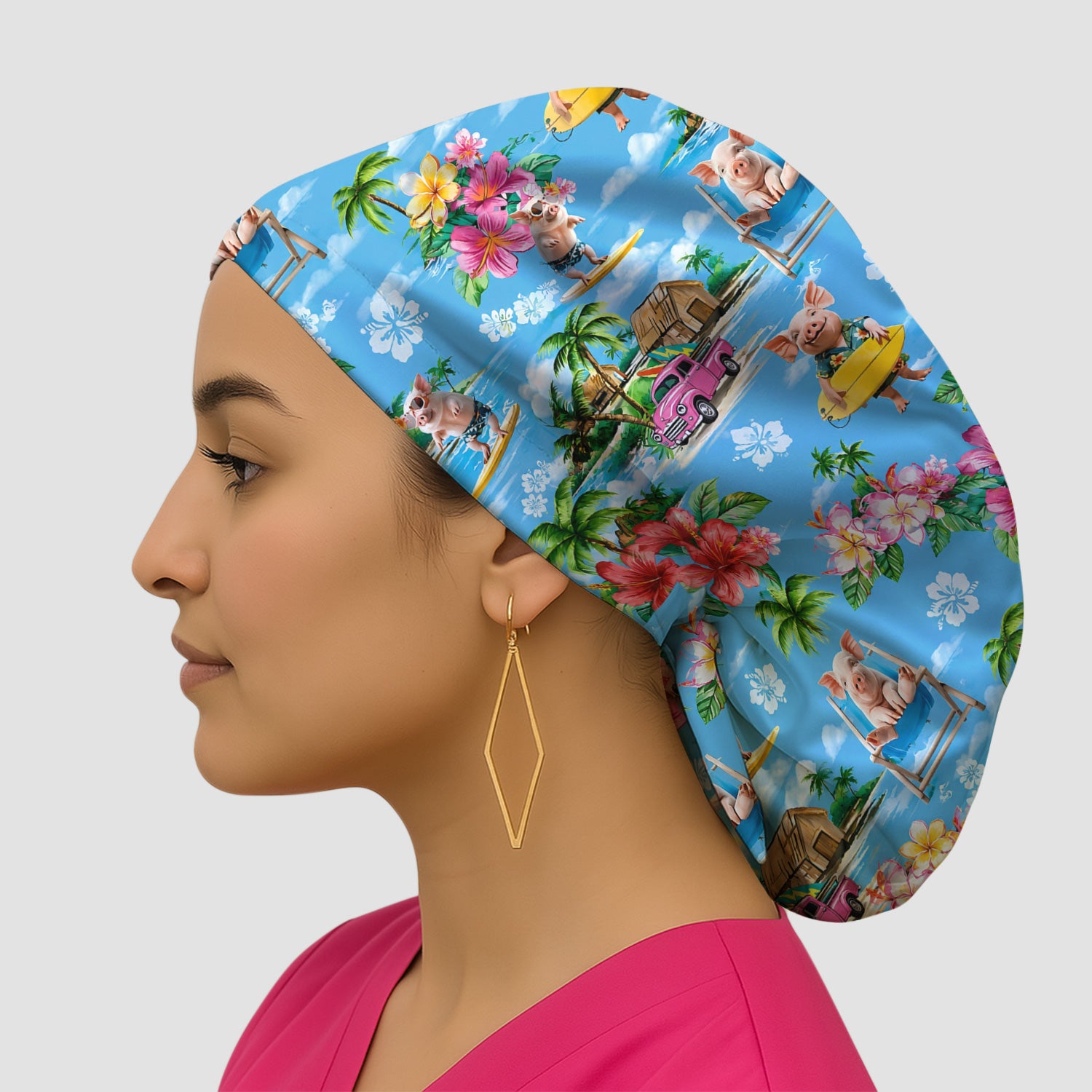 Tropical Surfing Pig Beach Pattern Scrub Cap, Surgical Caps for Doctors
