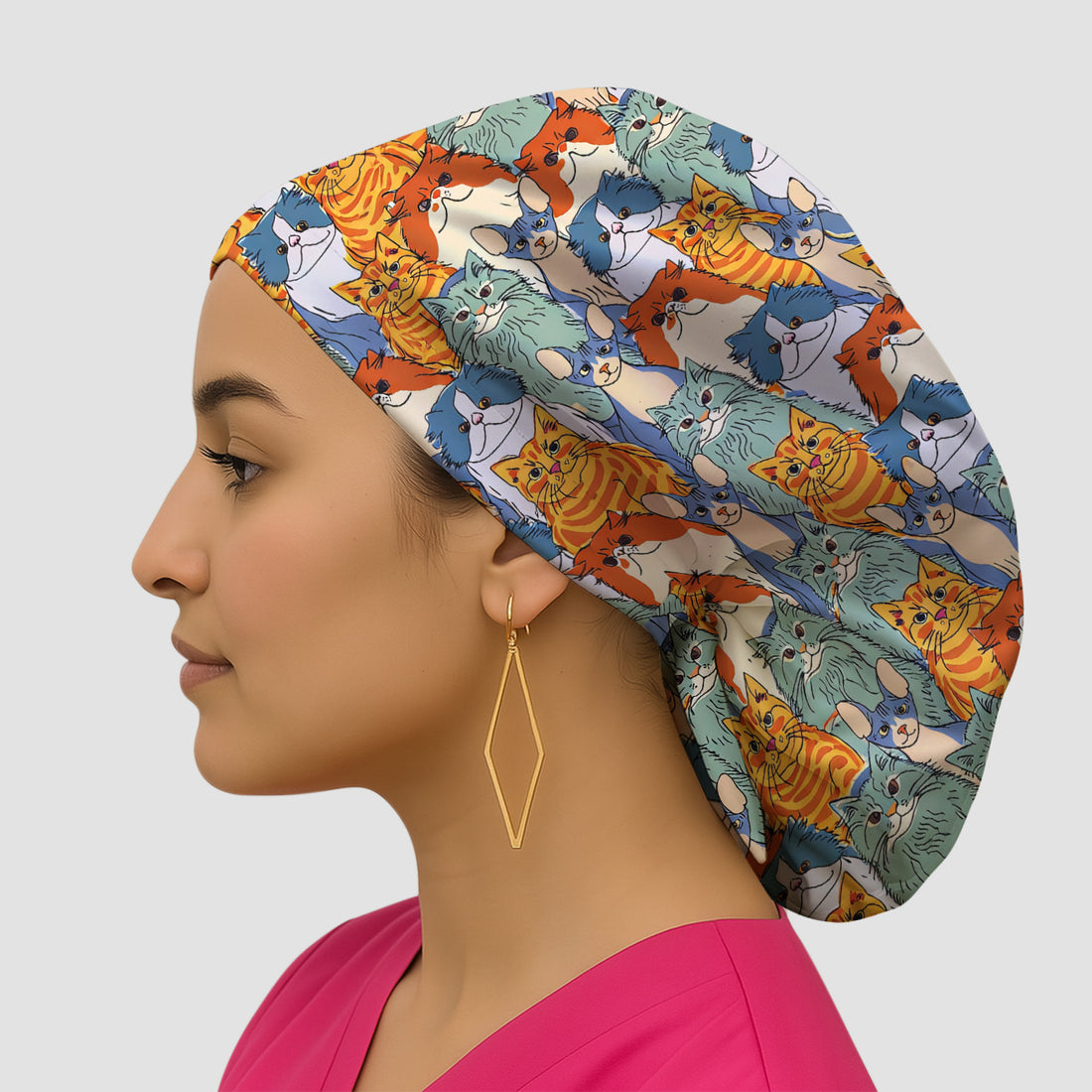 Cute Multicolor Cat Faces Illustration Pattern Scrub Cap, Bouffant Scrub Caps for Women