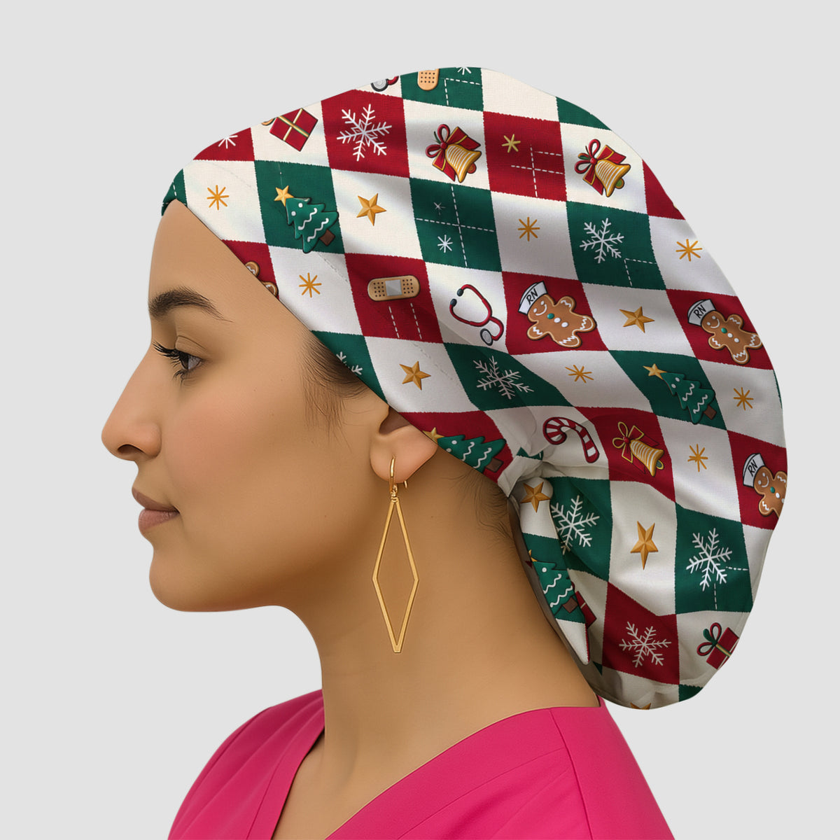 Christmas Gingerbread Nurse Argyle Scrub Cap, Surgical Caps for Doctors