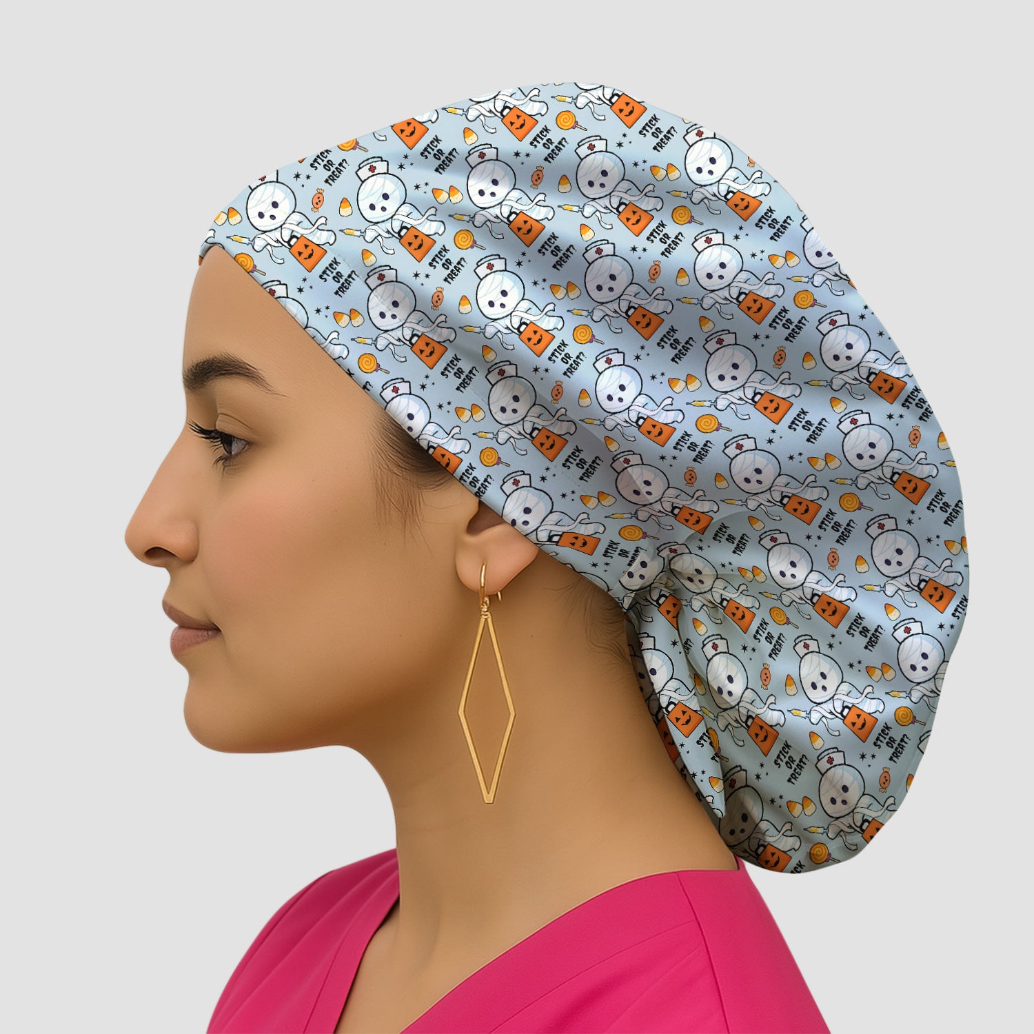 Funny Halloween Stick Or Treat Mummy Nurse Scrub Cap, Surgical Caps for Doctors