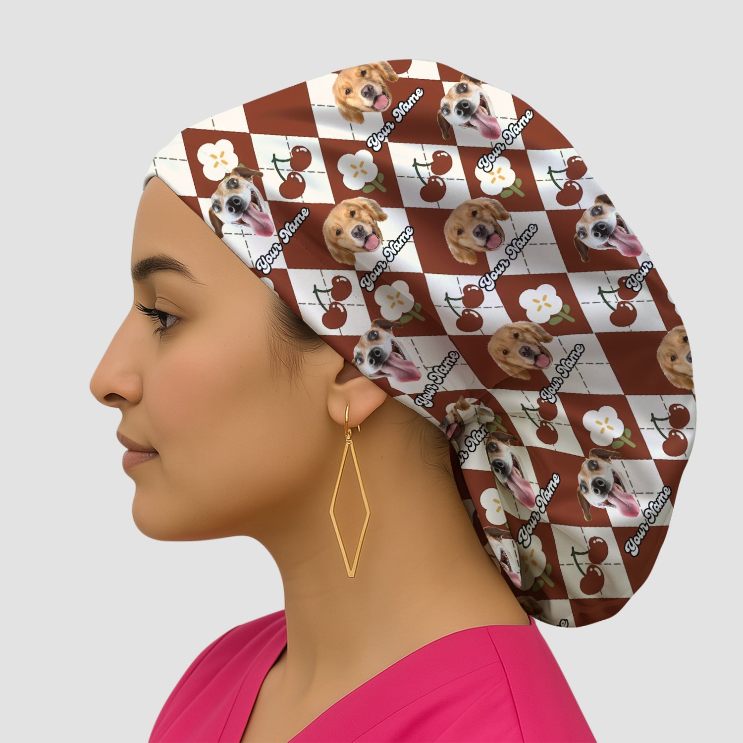 Custom Dog Face Scrub Cap, Playful Dog Cherry Argyle Pattern, Surgical Caps for Doctors