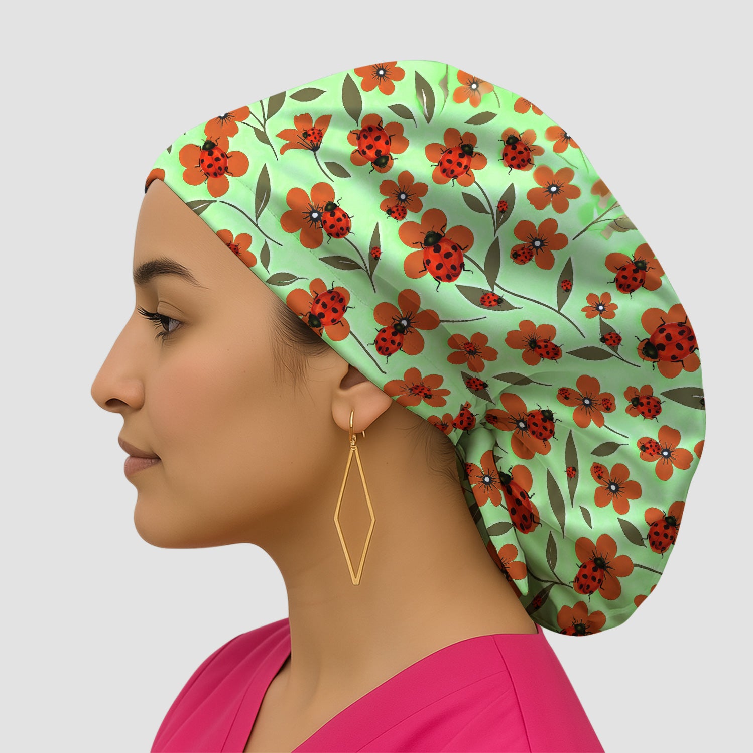 Ladybug on Orange Floral Garden Pattern Scrub Cap, Surgical Caps for Doctors