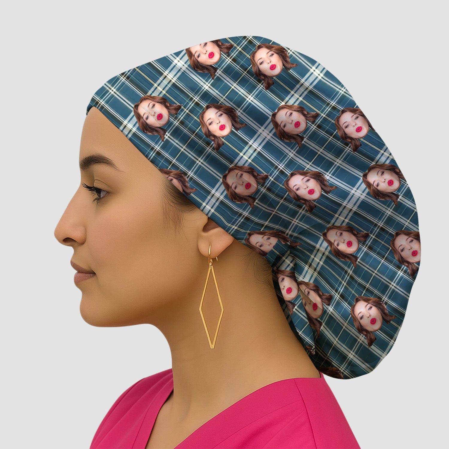 Personalized Funny Face Plaid Scrub Cap, Custom Photo Pattern Surgical Cap For Doctors, Breathable Fabrics Caps Uniform