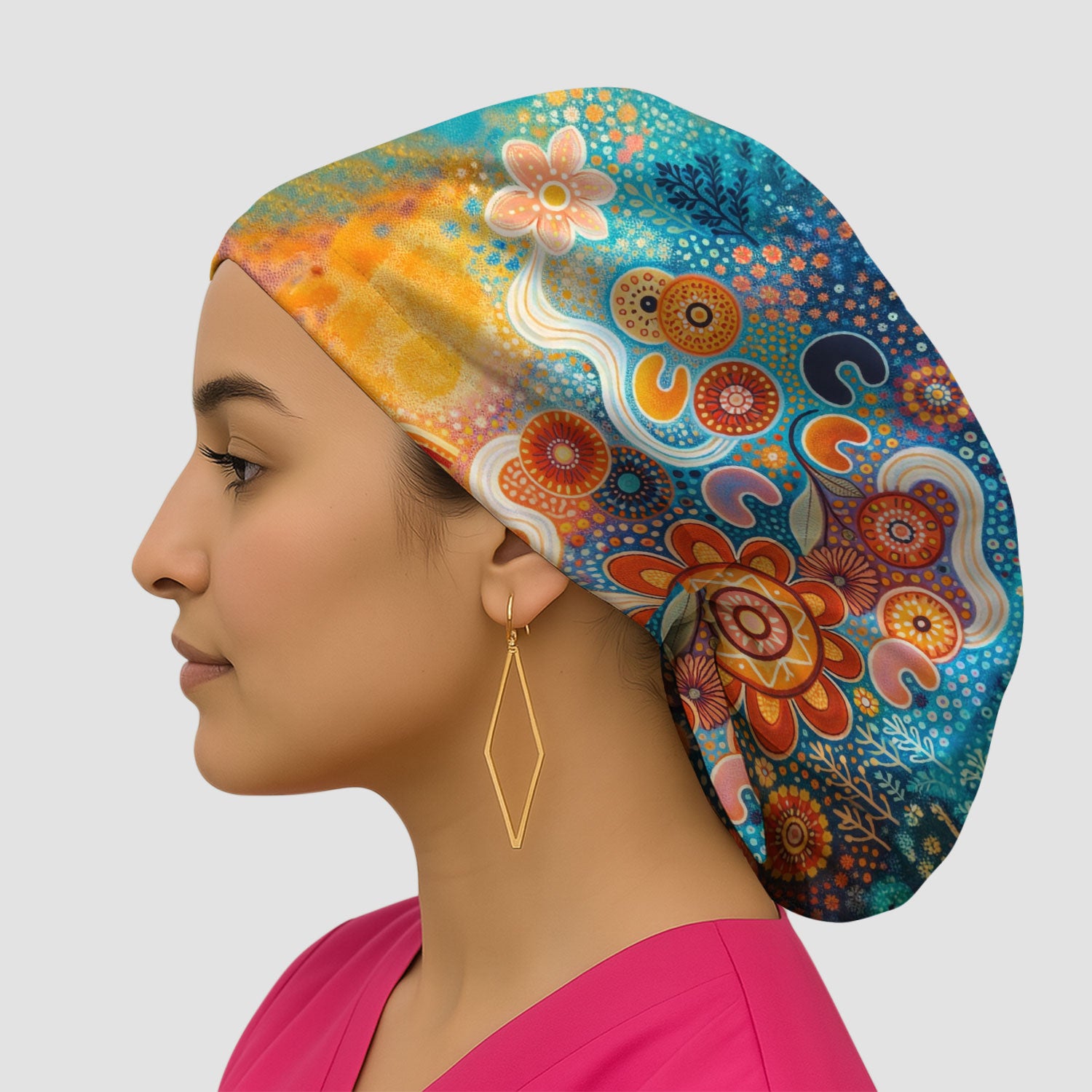 Australian Dot Art Inspired Scrub Cap, Artistic Boho Pattern Nurse Hat, Comfortable Scrubs For Nursing