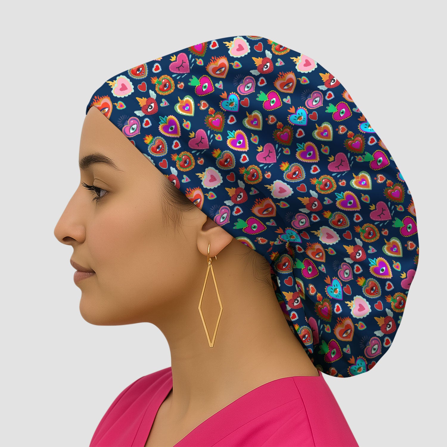 Valentine Colorful Sacred Heart Print Cap, Bouffant Scrub Caps for Women