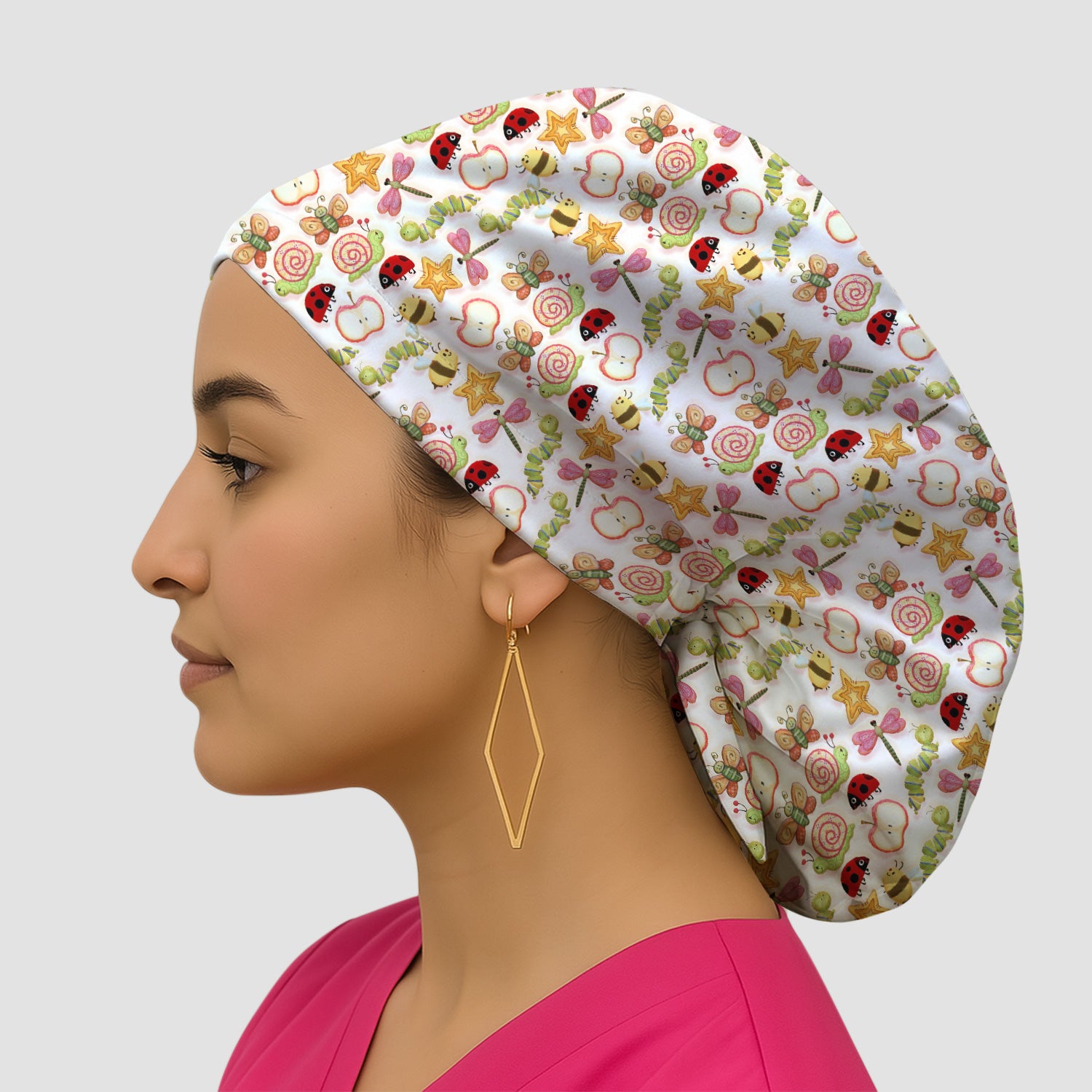 Cute Nurse Snail Ladybug Caterpillar Apple Garden Pattern Scrub Cap, Surgical Caps for Doctors