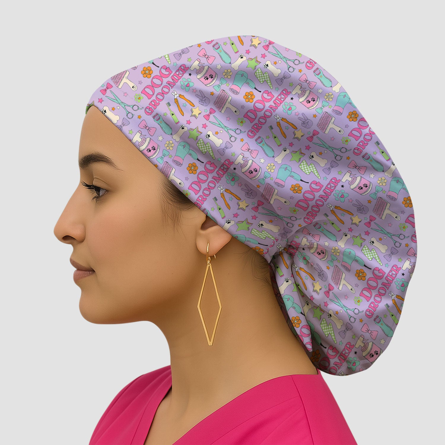 Dog Groomer Tools Pattern Scrub Cap, Bouffant Scrub Caps for Women