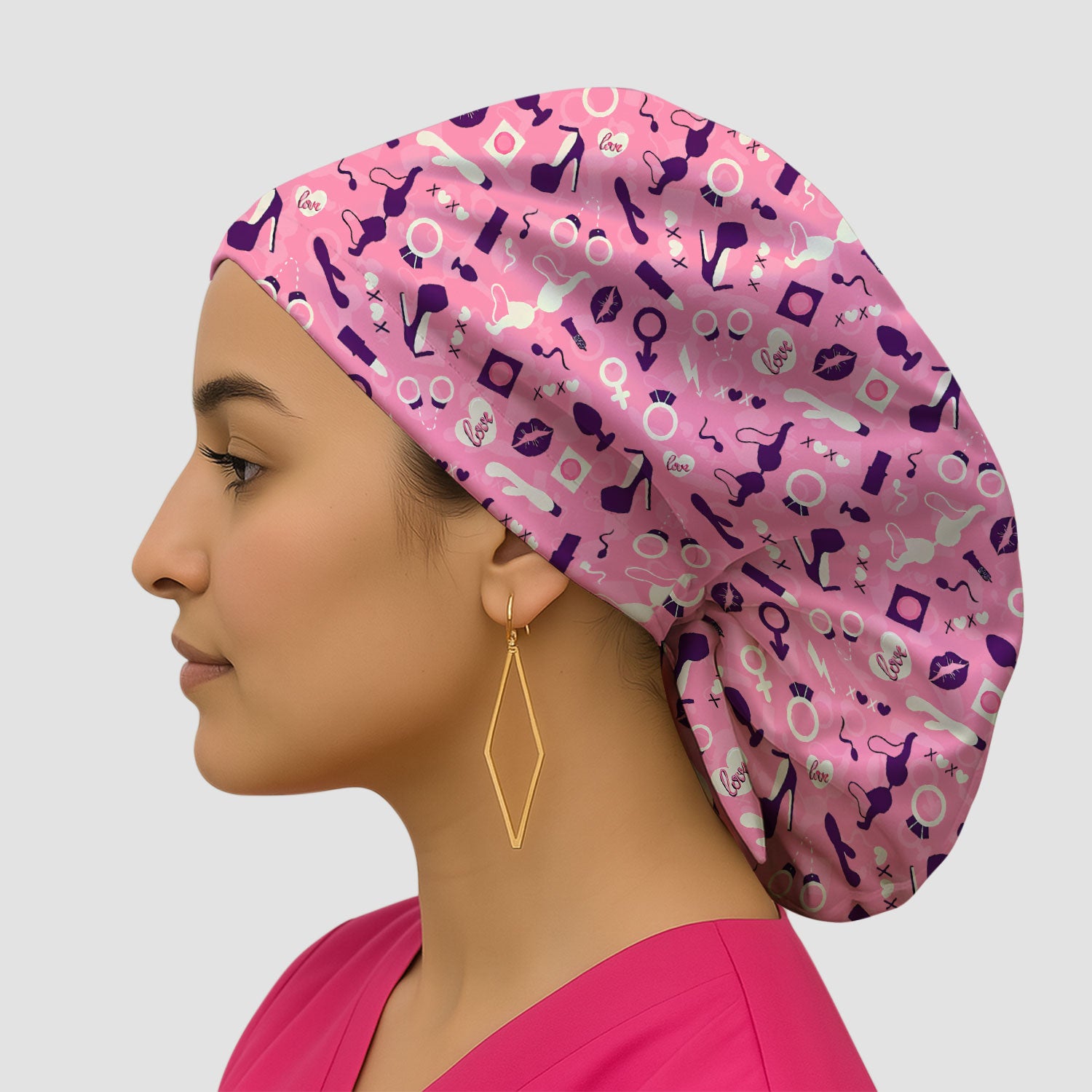 Valentine Pattern Nurse Scrub Cap, Pink Love Nurse Hat, Breathable Fabrics Nursing Uniform