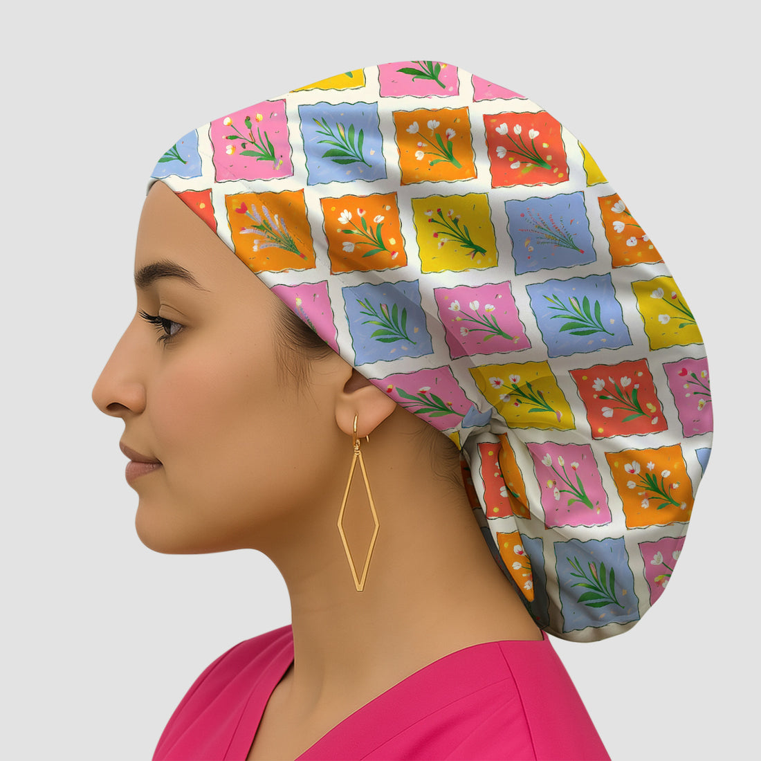 Cute Colorful Floral Tile Pattern Scrub Cap, Breathable Fabrics Caps Uniform