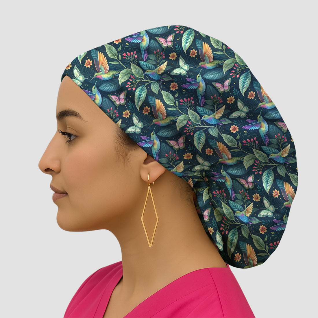 Vibrant Hummingbird Garden Nurse for RN, CNA, Botanical Medical Scrub Cap, Surgical Caps for Doctors