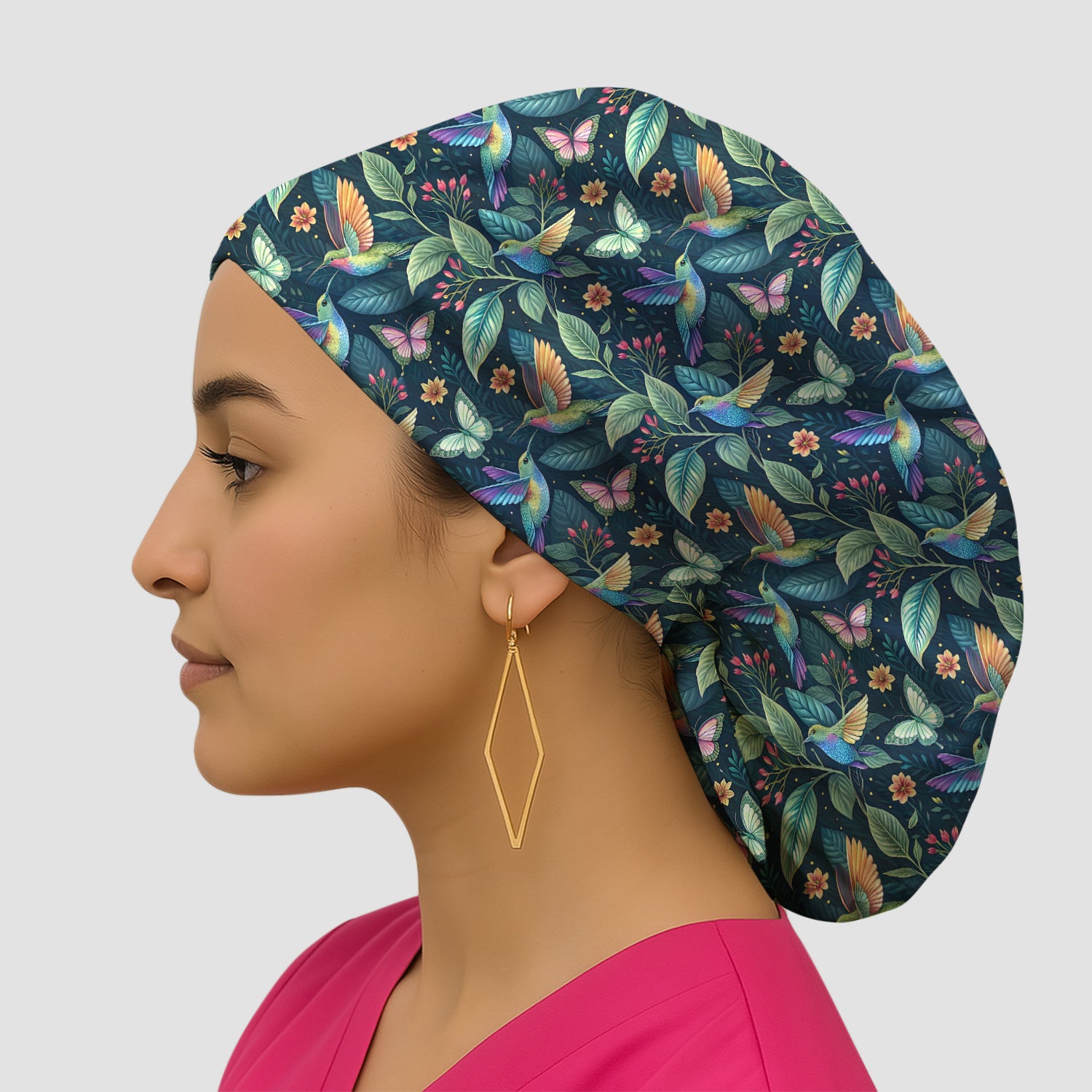 Vibrant Hummingbird Garden Nurse for RN, CNA, Botanical Medical Scrub Cap, Surgical Caps for Doctors