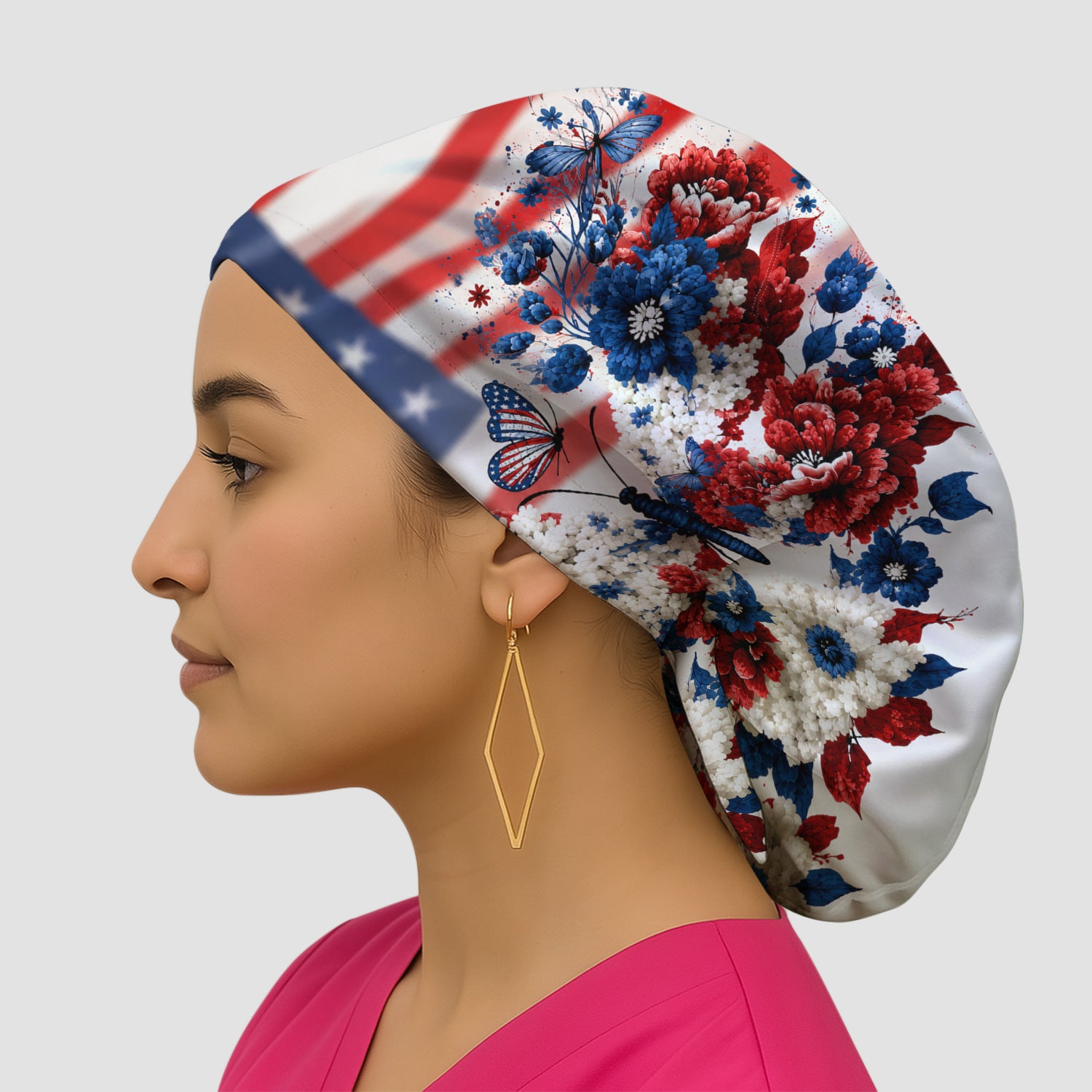Patriotic Butterfly with Floral Print Scrub Cap, Surgical Caps for Doctors