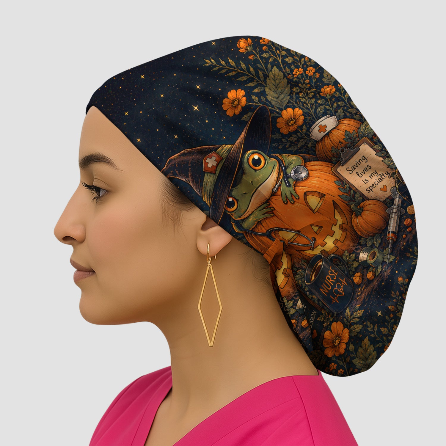 Halloween Witch Frog Pumpkin Scrub Cap, Surgical Caps for Doctors