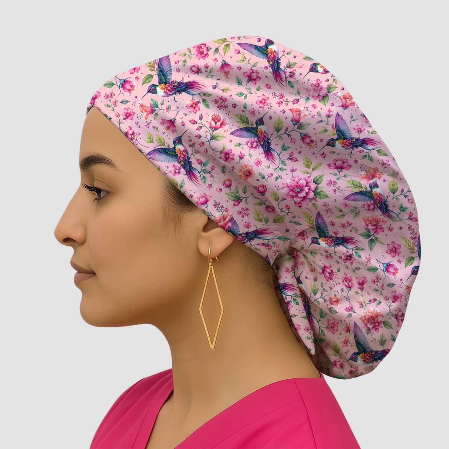 Pink Hummingbird Floral Garden Pattern Scrub Cap, Surgical Caps for Doctors