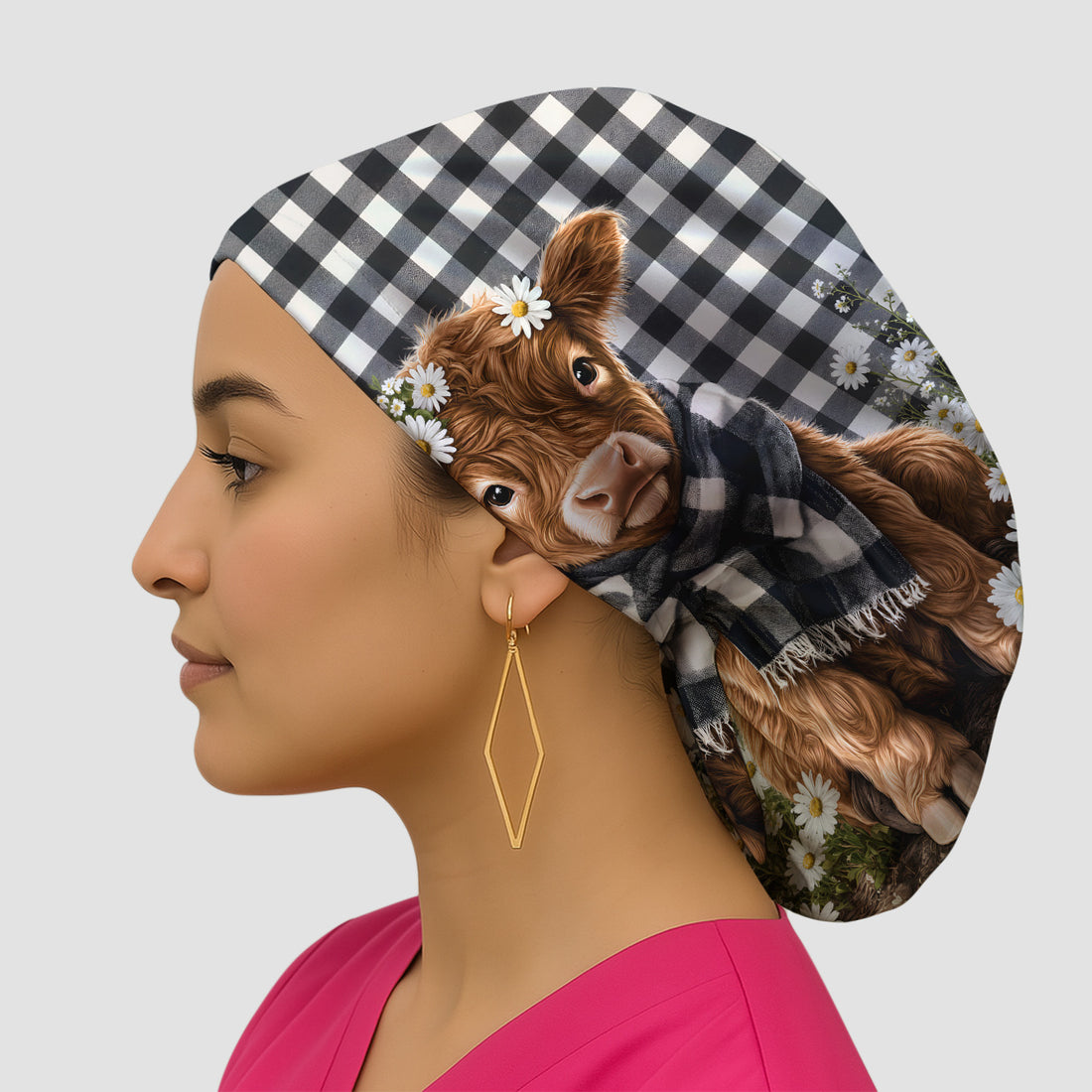 Highland Cow Daisy Pattern Scrub Cap, Surgical Caps for Doctors