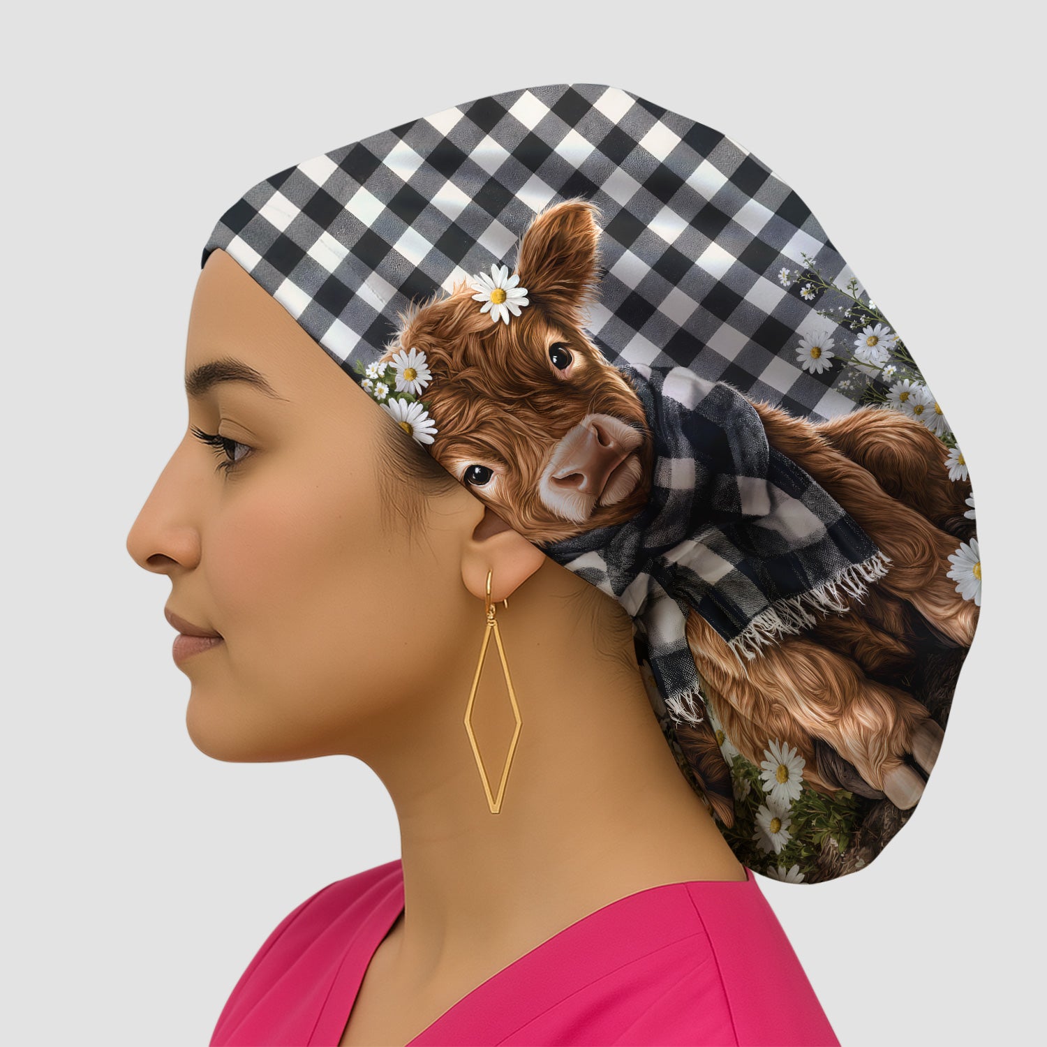 Highland Cow Daisy Pattern Scrub Cap, Surgical Caps for Doctors