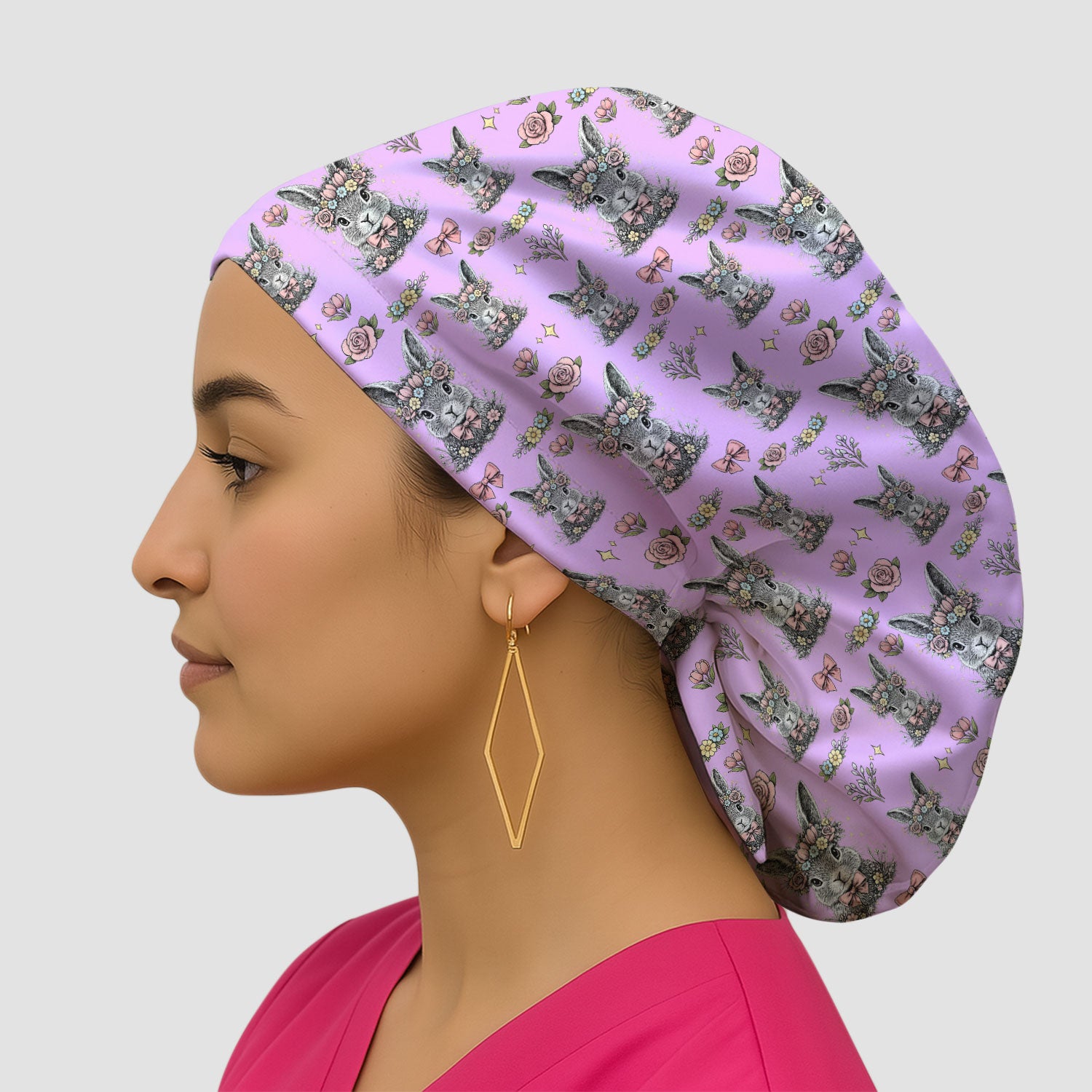 Vintage Floral Bunny Print Cap, Breathable Fabrics Caps Uniform