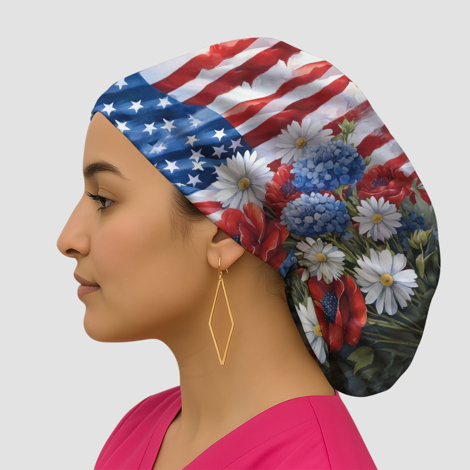 Festive US Flag Floral Bouquet Pattern Nurse Scrub Cap, Surgical Caps for Doctors