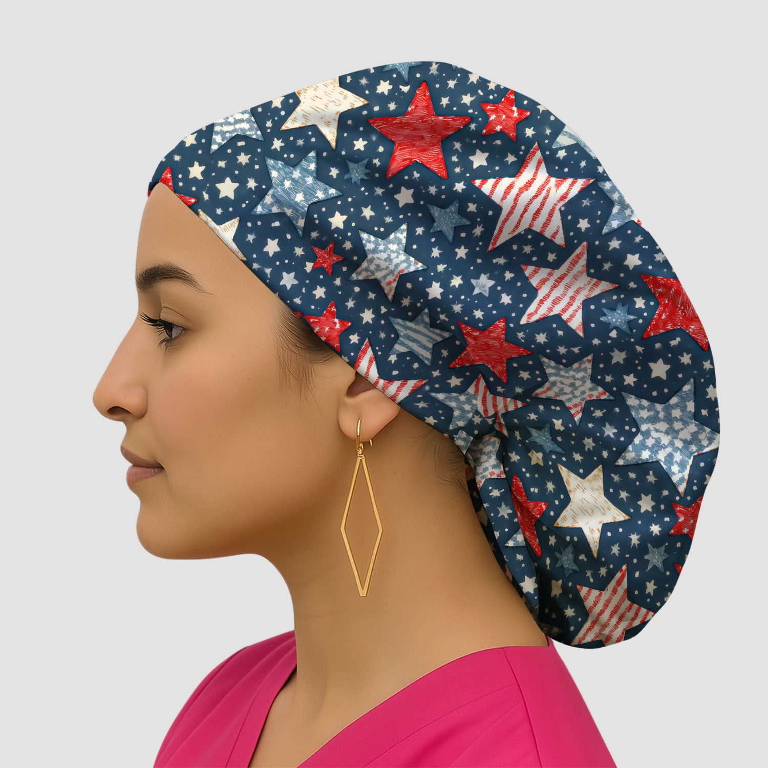 Patriotic Star Pattern Scrub Cap, Breathable Fabrics Caps Uniform