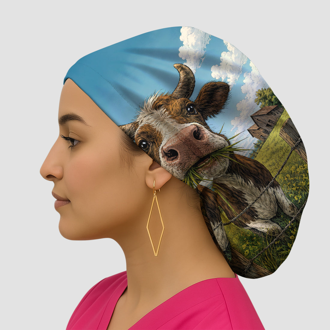 Curious Highland Cow Farm Scene Scrub Cap, Surgical Caps for Doctors