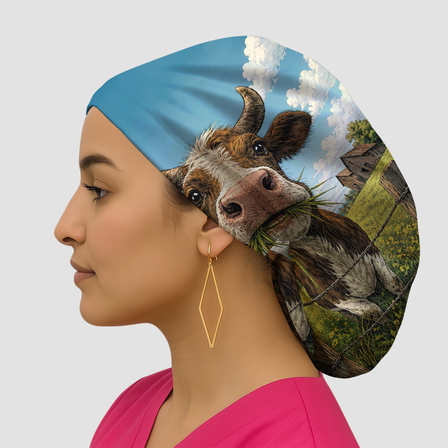 Curious Highland Cow Farm Scene Scrub Cap, Surgical Caps for Doctors