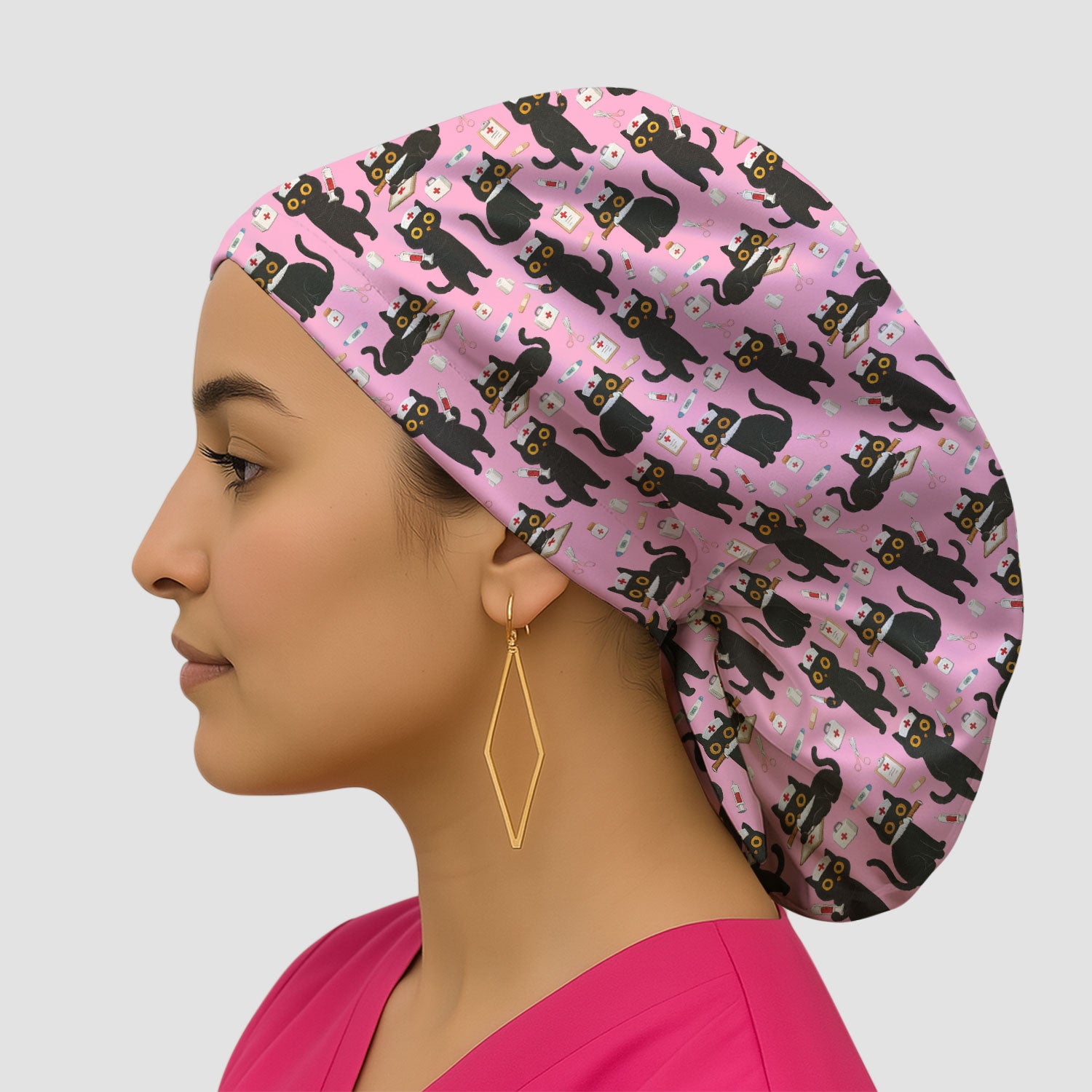 Cute Black Cat Nurse Pattern Cap, Bouffant Scrub Caps for Women