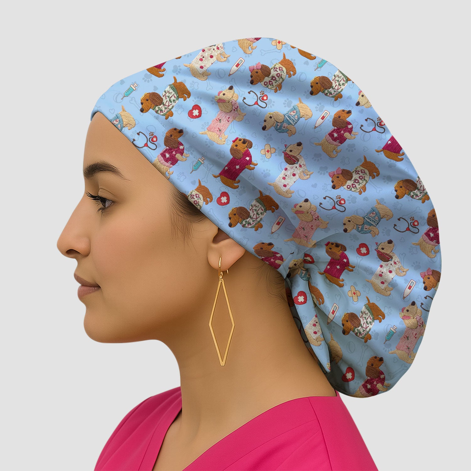Cute Medical Wiener Dog Pattern Nurse Cap, Dachshund Nursing Scrub Hat, Breathable Fabrics Nursing Uniform