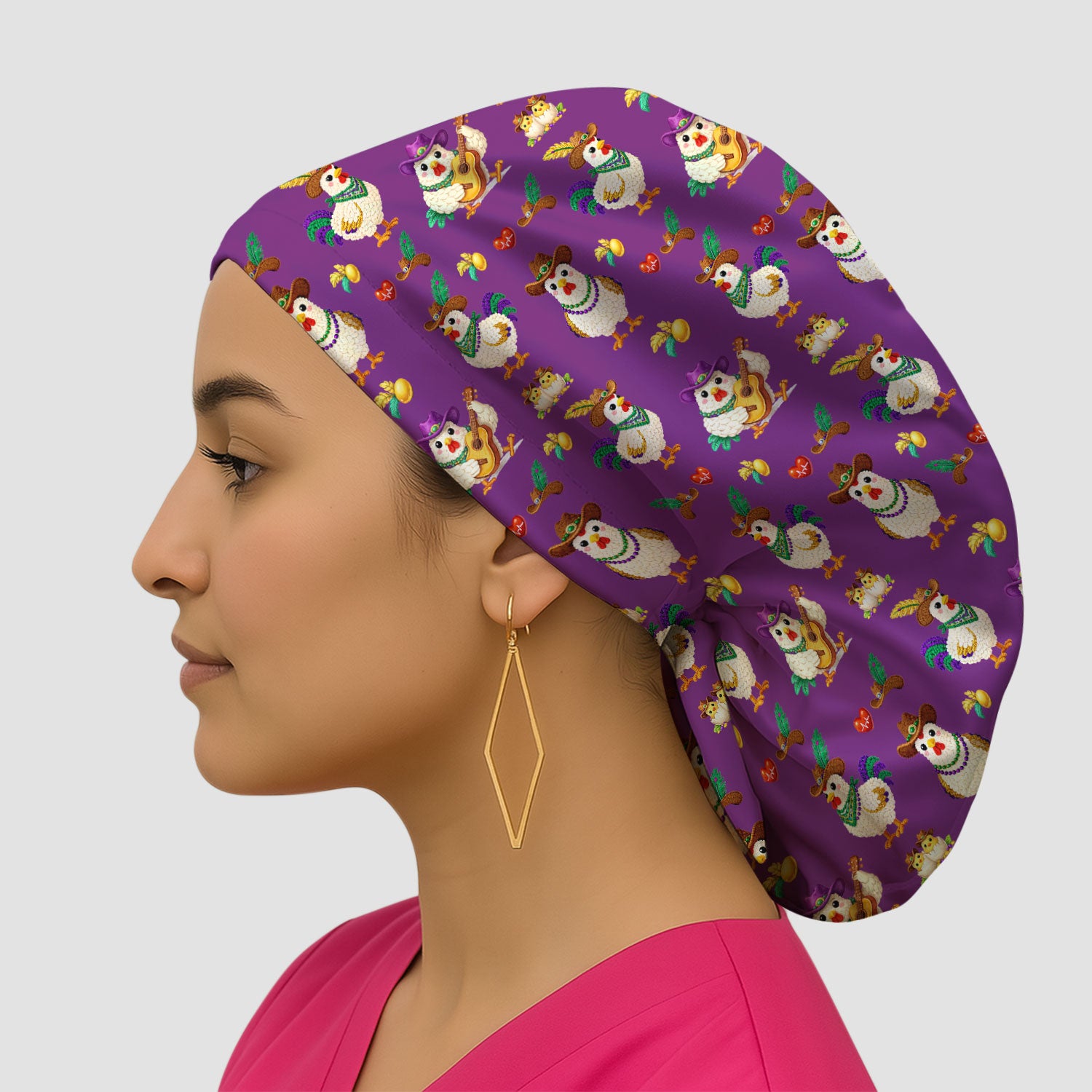 Funny Mardi Gras Rooster Cowboy Print Cap, Bouffant Scrub Caps for Women