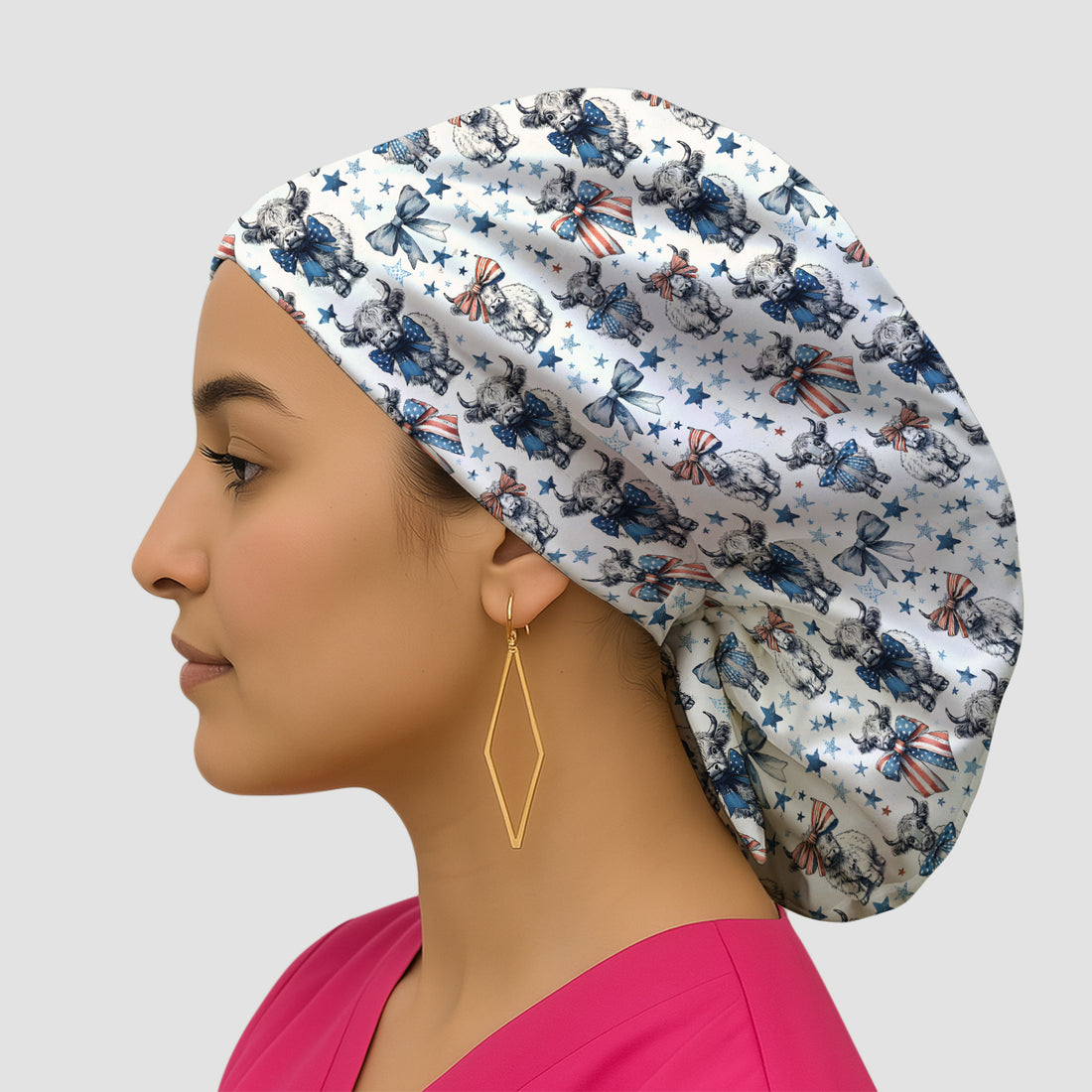 Patriotic Highland Cow Stars Pattern Scrub Cap, Surgical Caps for Doctors