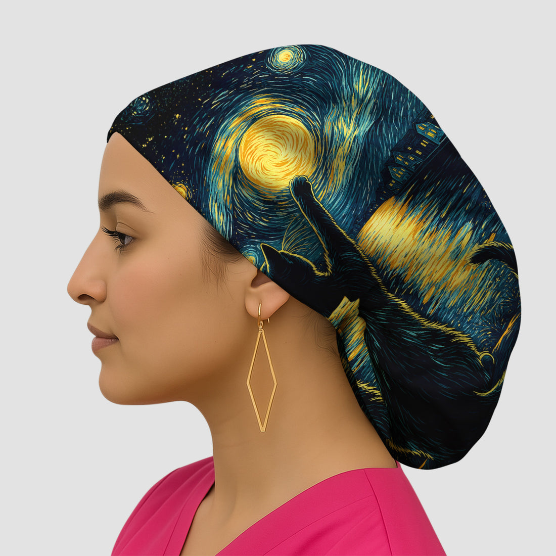 Starry Moonlit Black Cat Scrub Cap, Surgical Caps for Doctors