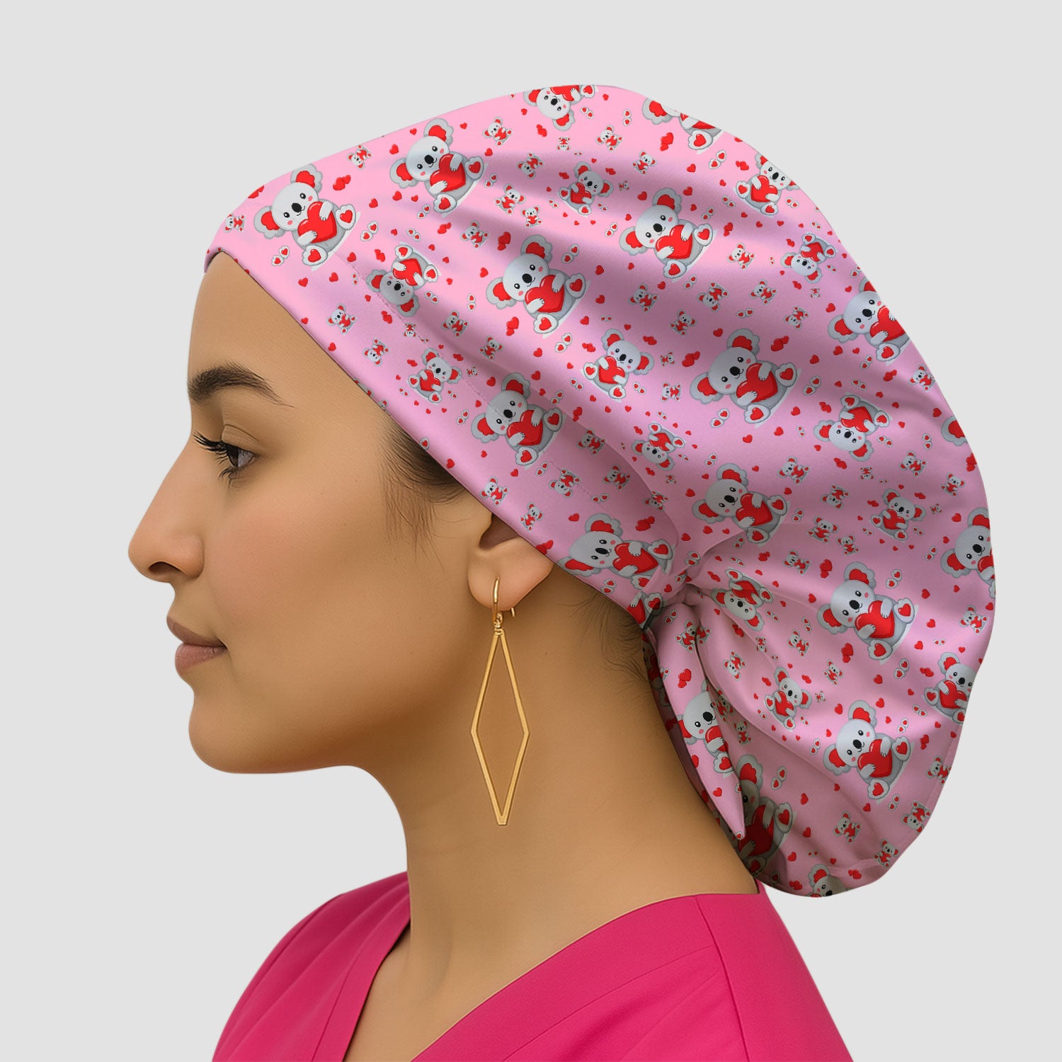 Valentine Cute Koala Heart Pattern Nurse Cap, Bouffant Scrub Caps for Women