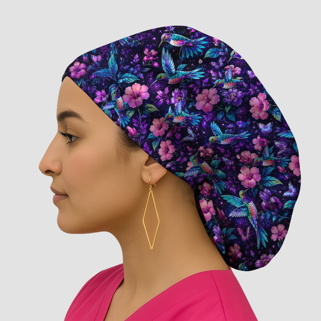 Vibrant Hummingbird Hibiscus Blossom Pattern Scrub Cap, Surgical Caps for Doctors
