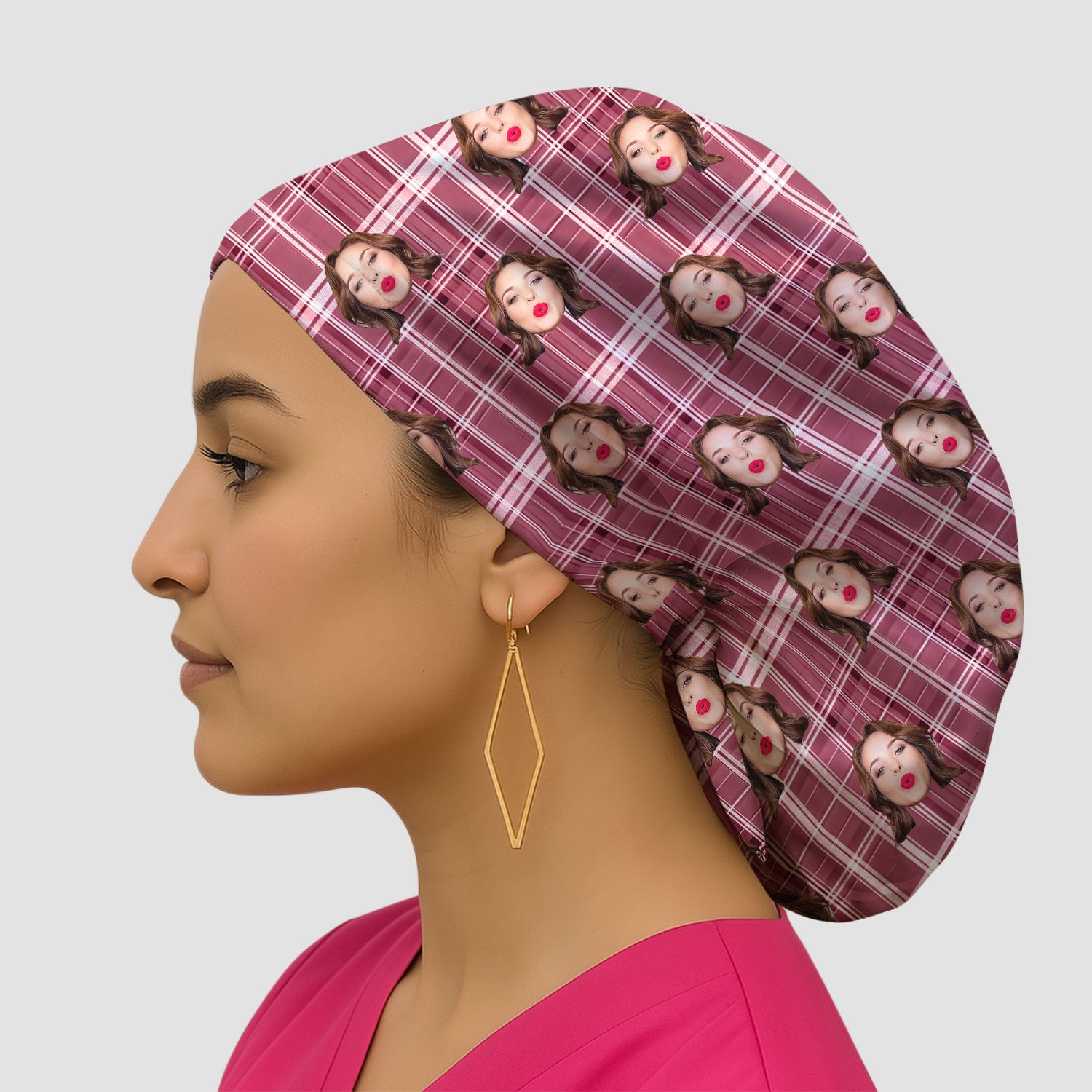 Personalized Funny Face Plaid Scrub Cap, Custom Photo Pattern Surgical Cap For Doctors, Breathable Fabrics Caps Uniform