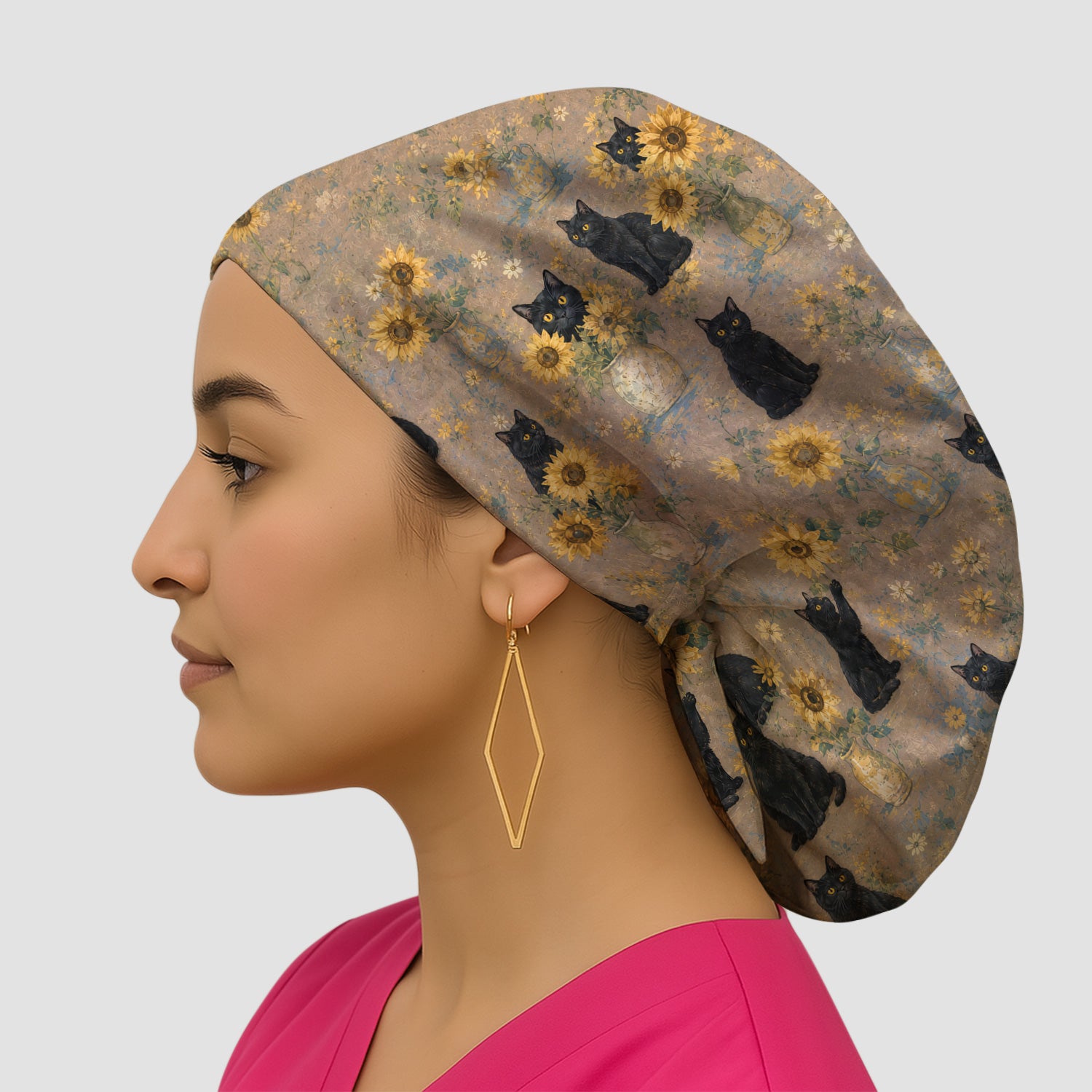 Rustic Sunflower Black Cat Print Scrub Cap, Surgical Caps for Doctors