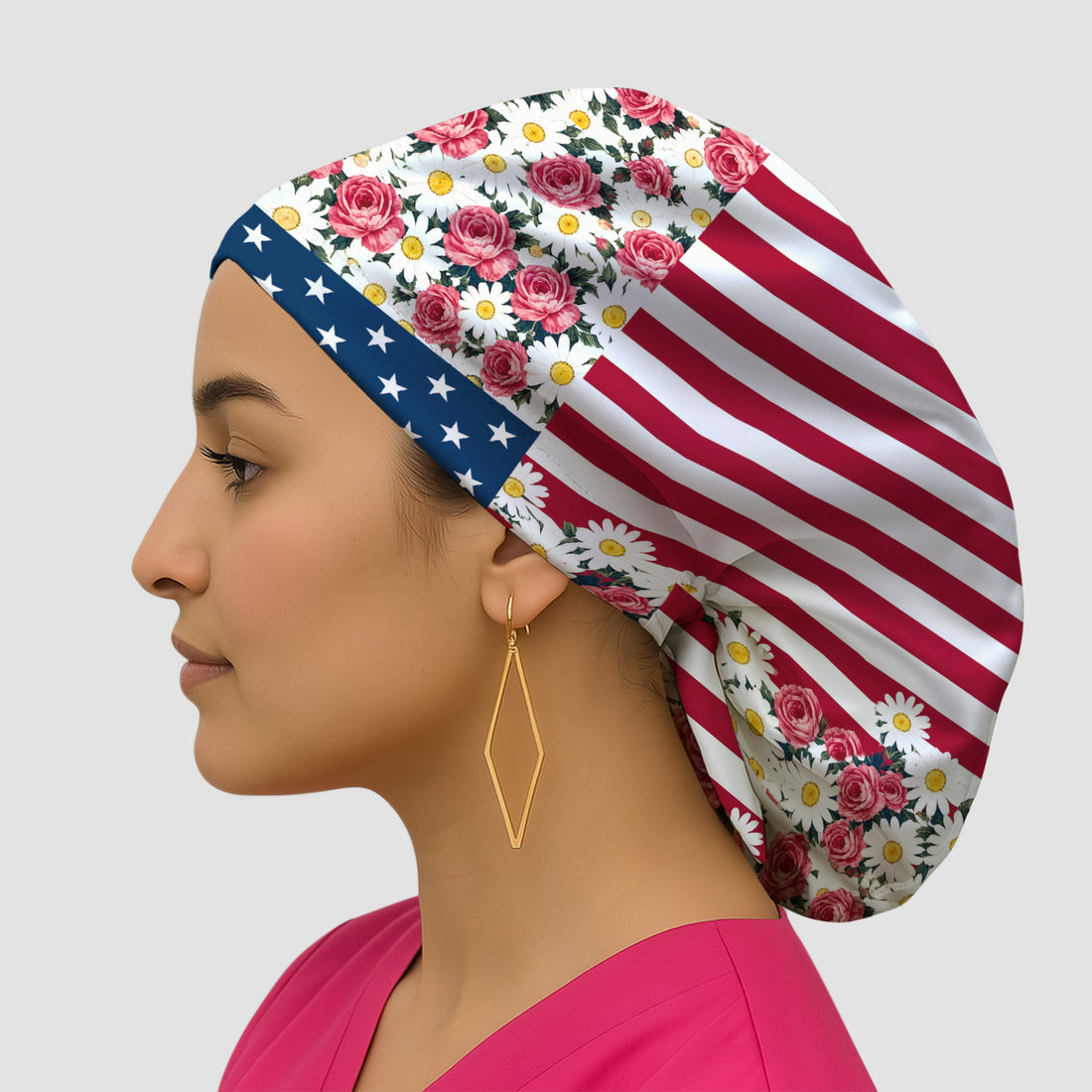 Floral American Flag Nurse Scrub Top for RN, CNA, Healthcare Workers, Patriotic Uniform Scrub Cap, Surgical Caps for Doctors