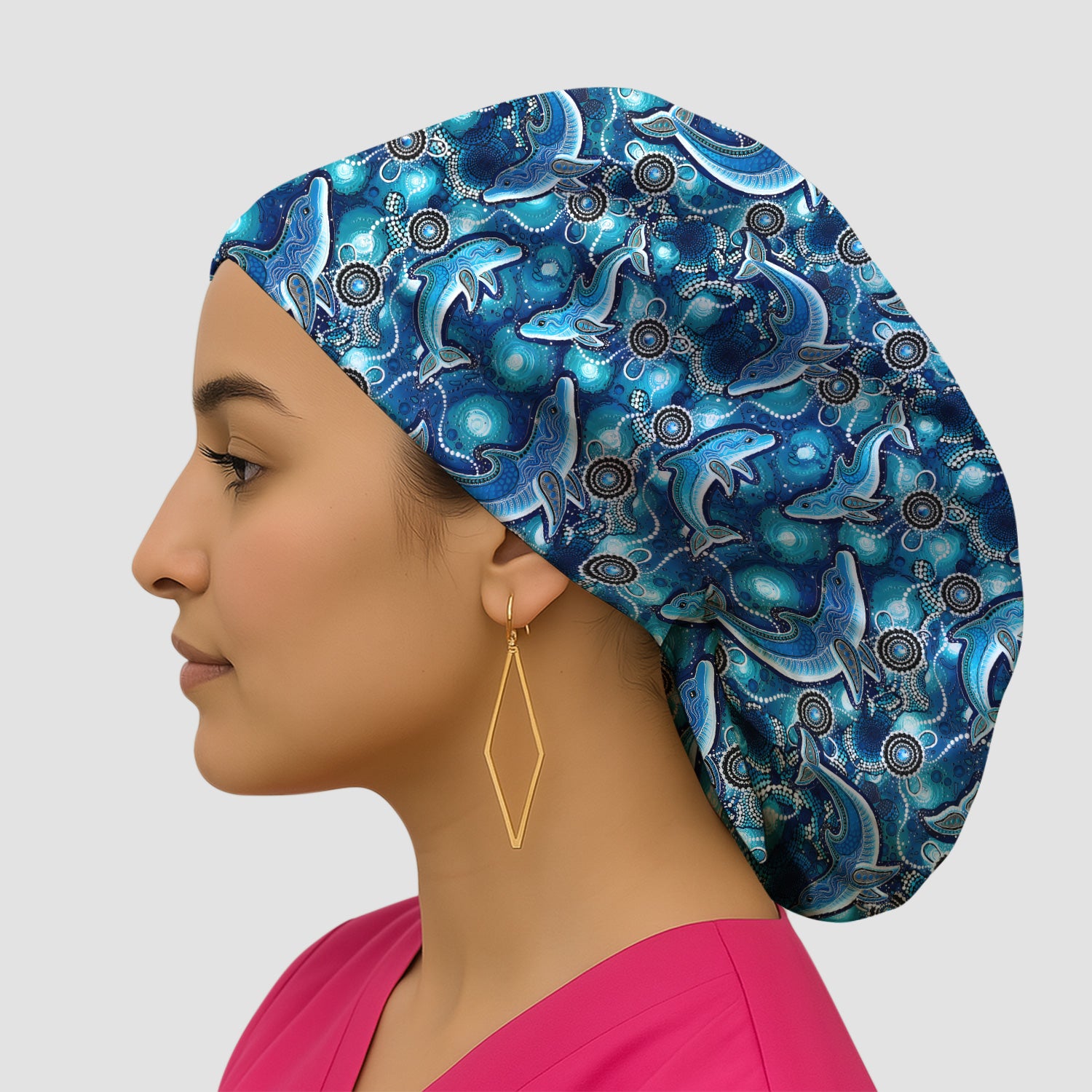 Ocean Dolphin Aboriginal Dot Print Scrub Cap, Surgical Caps for Doctors