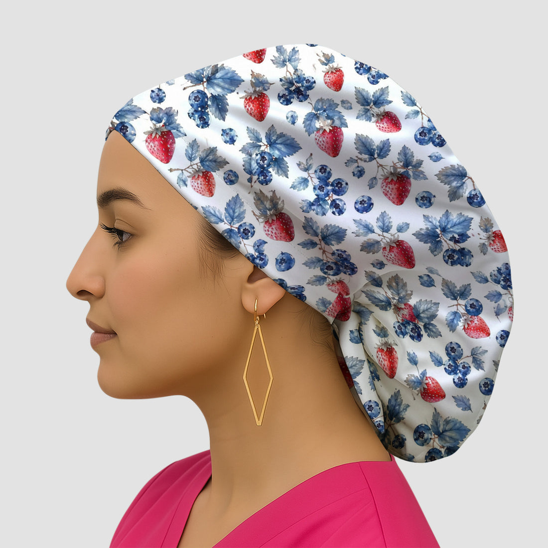 Cute Strawberry & Blueberry Leaf Pattern Nurse Scrub Cap, Surgical Caps for Doctors