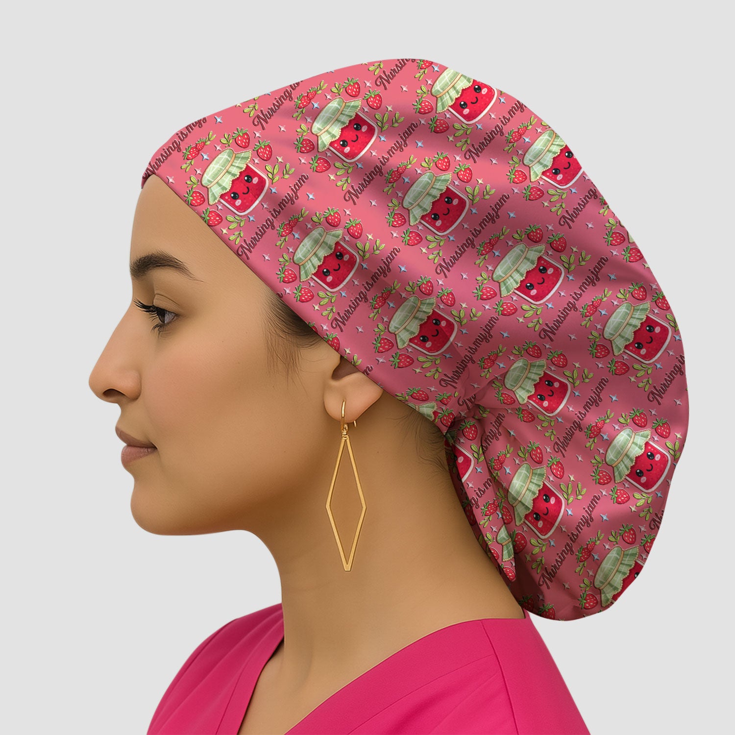 Cute Strawberry Jam Nurse Pattern Cap, Breathable Fabrics Caps Uniform