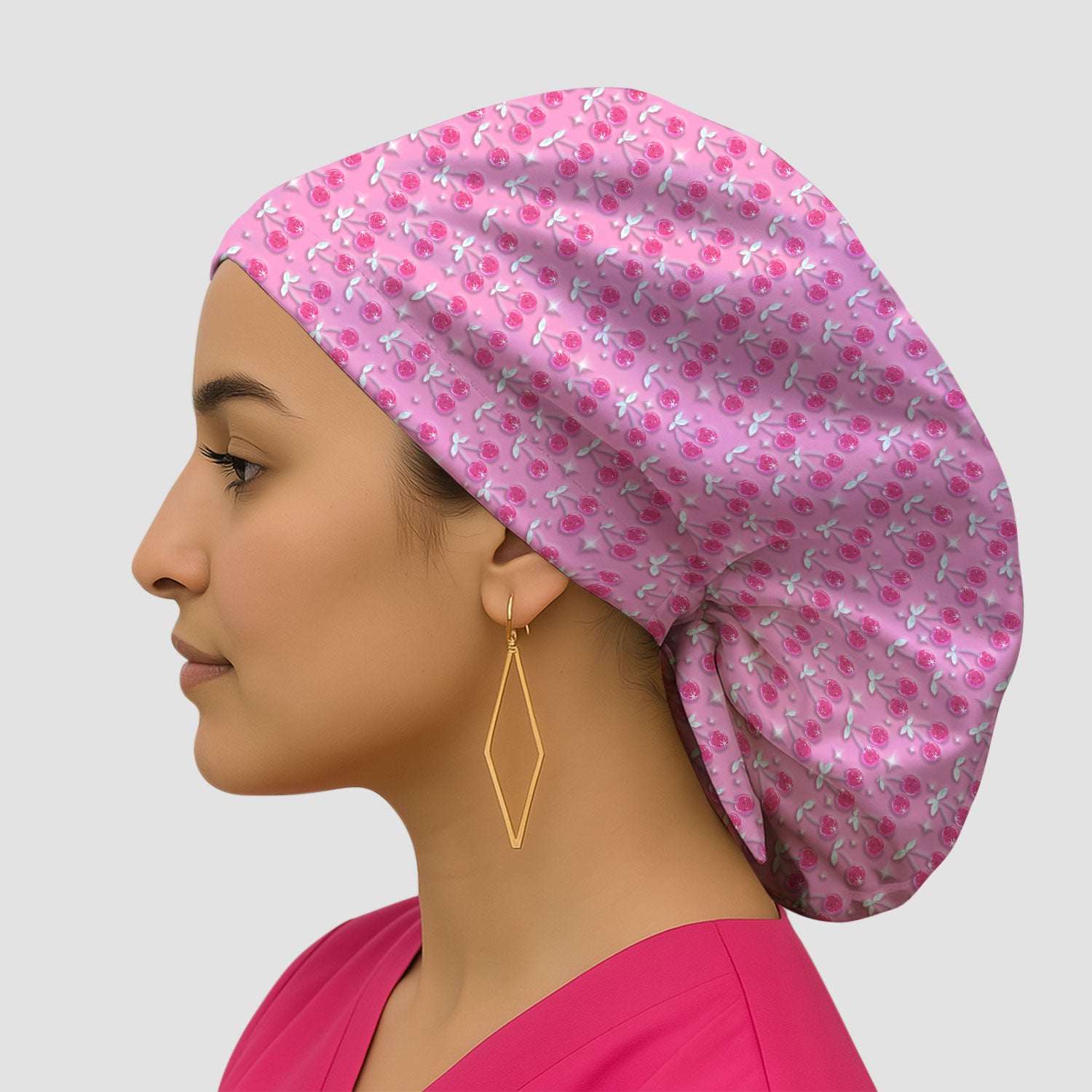 Pink Cherry Sparkle Print Cap, Breathable Fabrics Caps Uniform