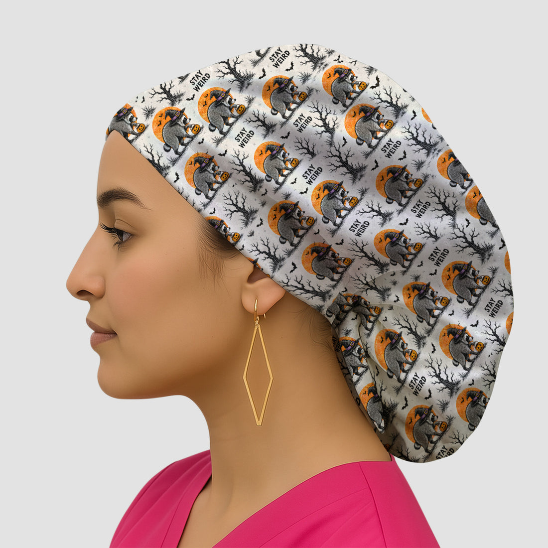 Funny Stay Weird Halloween Raccoon Scrub Cap, Surgical Caps for Doctors