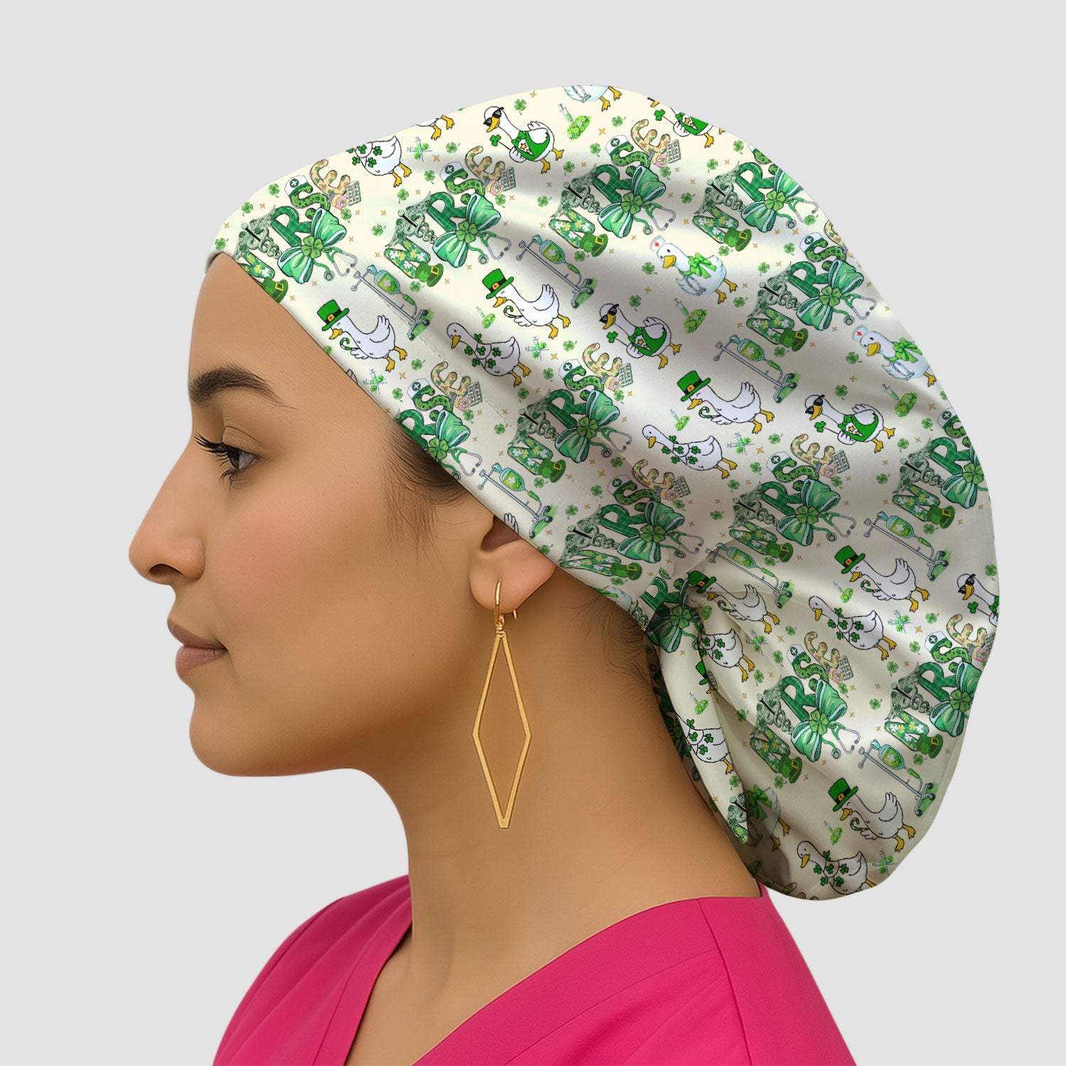 Funny Goose Nurse Shamrock Scrub Cap, St. Patrick’s Day Nurse Pattern Hat, Breathable Fabrics Nursing Uniform