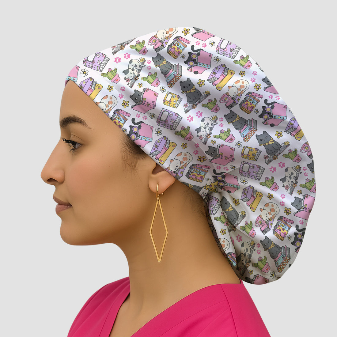 Cute Cat Book Cactus Seamless Pattern Scrub Cap, Surgical Caps for Doctors
