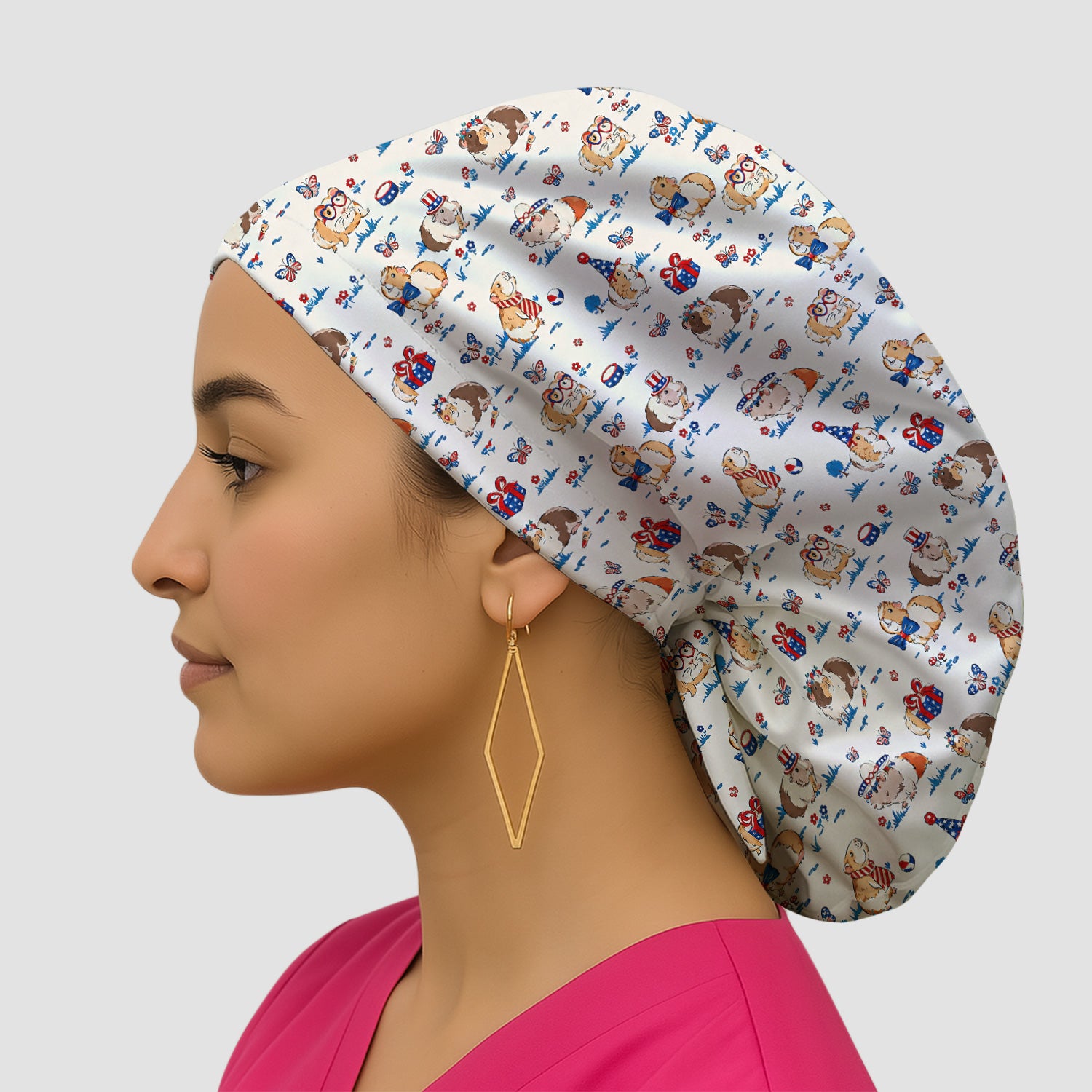 Patriotic Guinea Pig Celebration Pattern Scrub Cap, Surgical Caps for Doctors