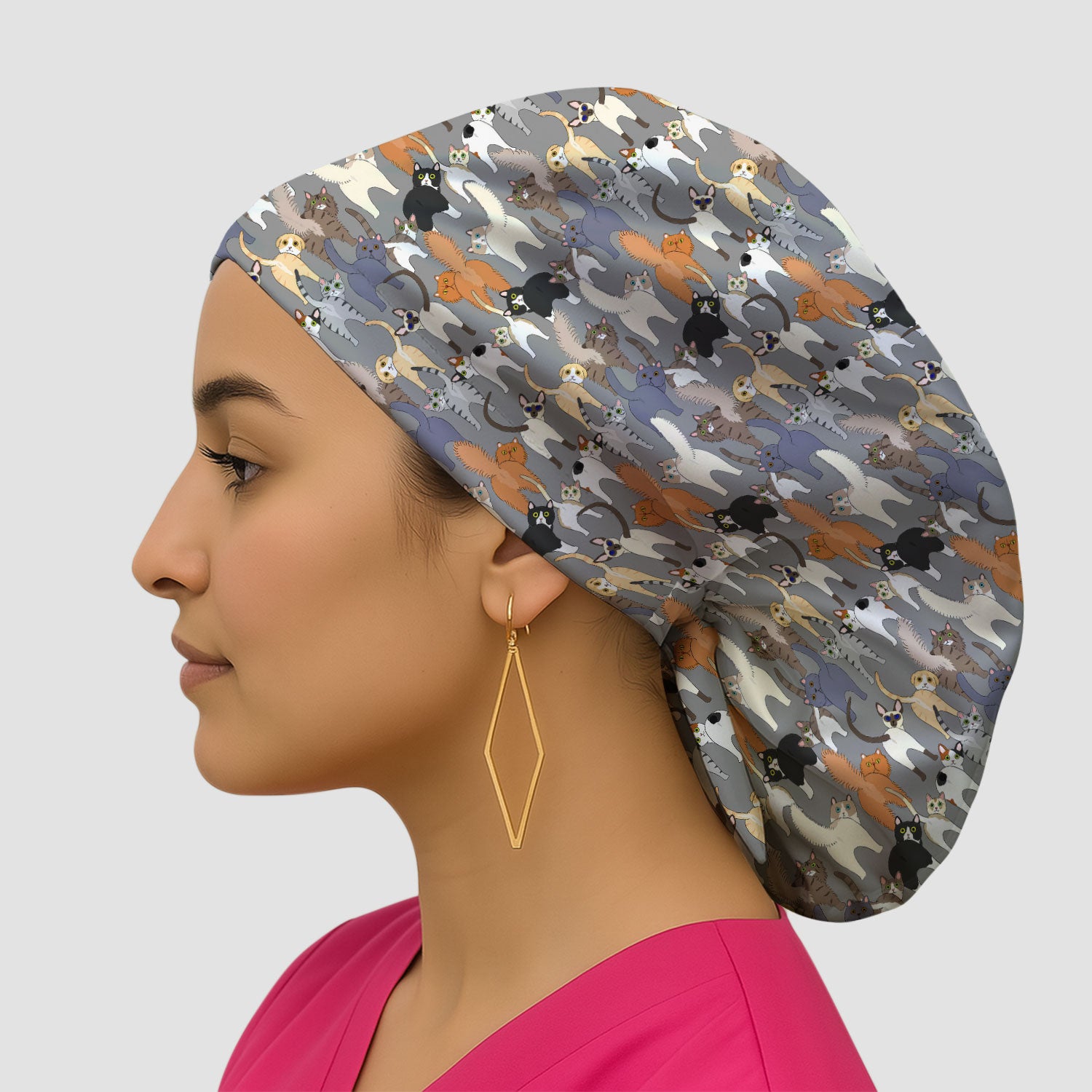 Whimsical Multicolor Cat Cartoon Pattern Cap, Bouffant Scrub Caps for Women