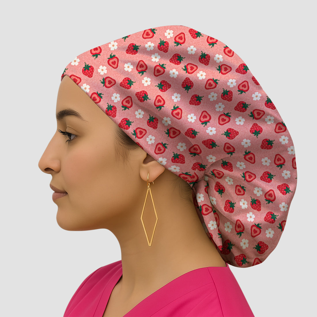 Sweet Strawberry Blossom Print Scrub Cap, Breathable Fabrics Caps Uniform